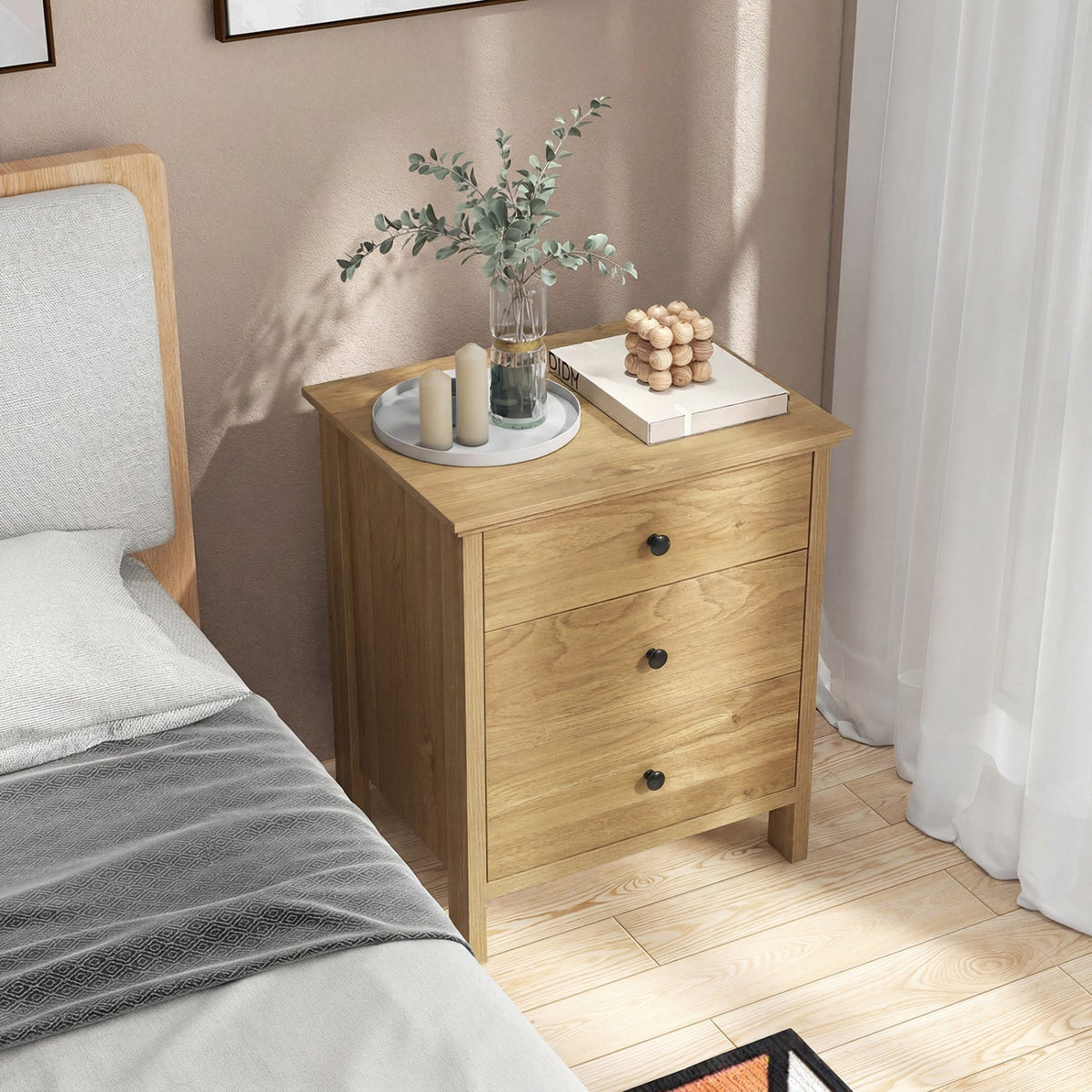 3-Drawer Wooden Nightstand with Metal Slides