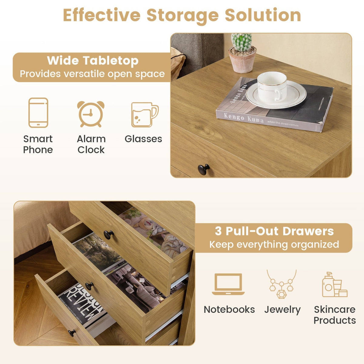 3-Drawer Wooden Nightstand with Metal Slides