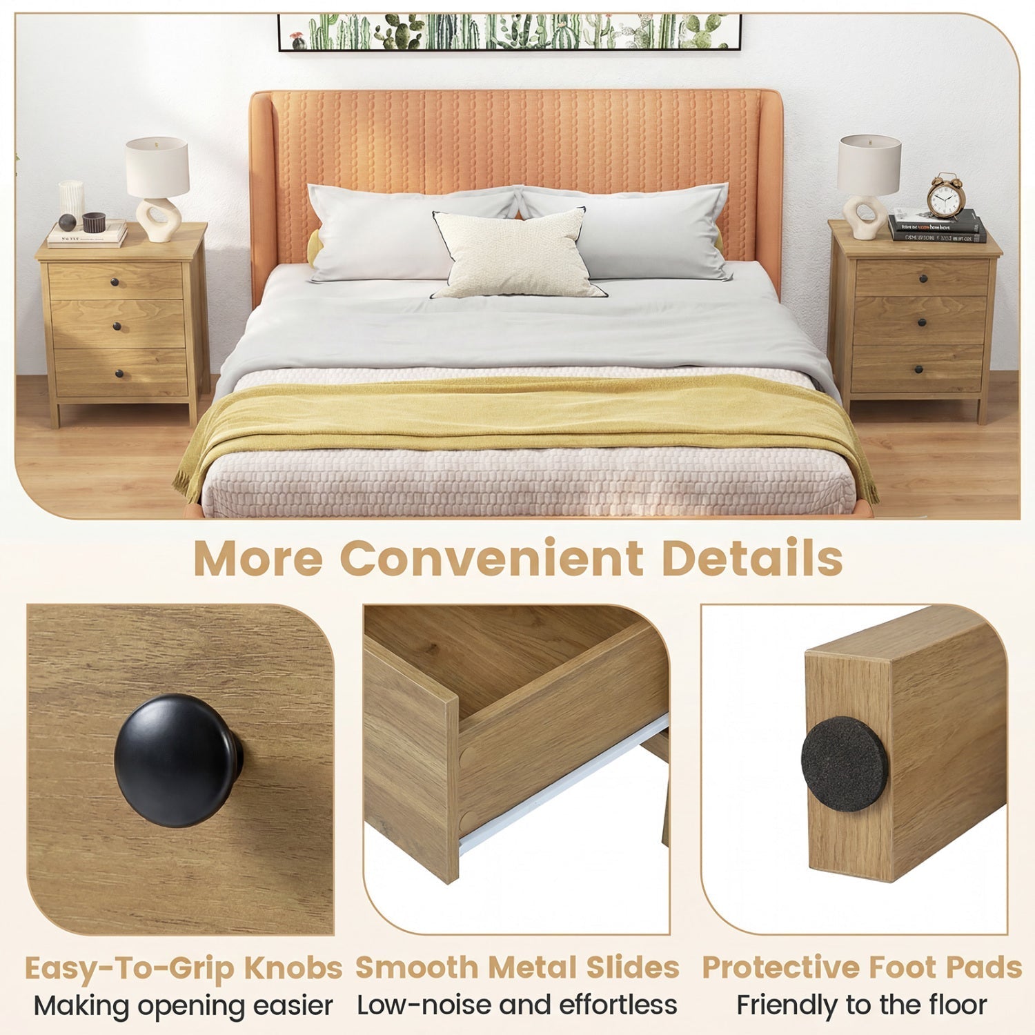 3-Drawer Wooden Nightstand with Metal Slides