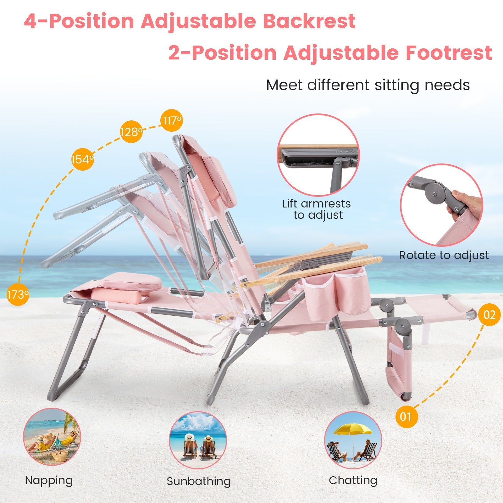 3-IN-1 Foldable Beach Chair with Footrest and Adjustable Backrest