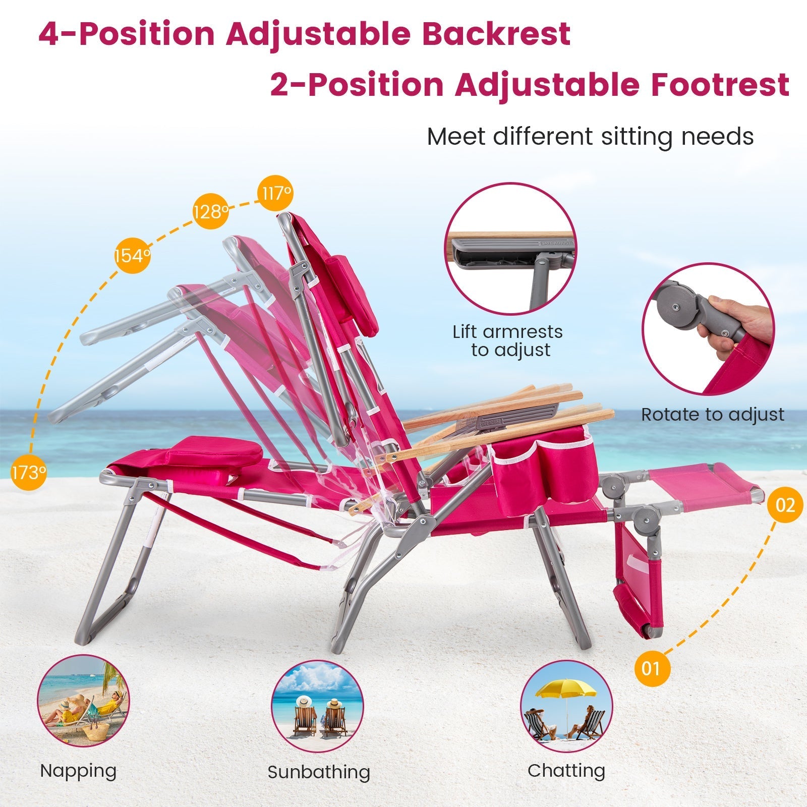 3-IN-1 Foldable Beach Chair with Footrest and Adjustable Backrest