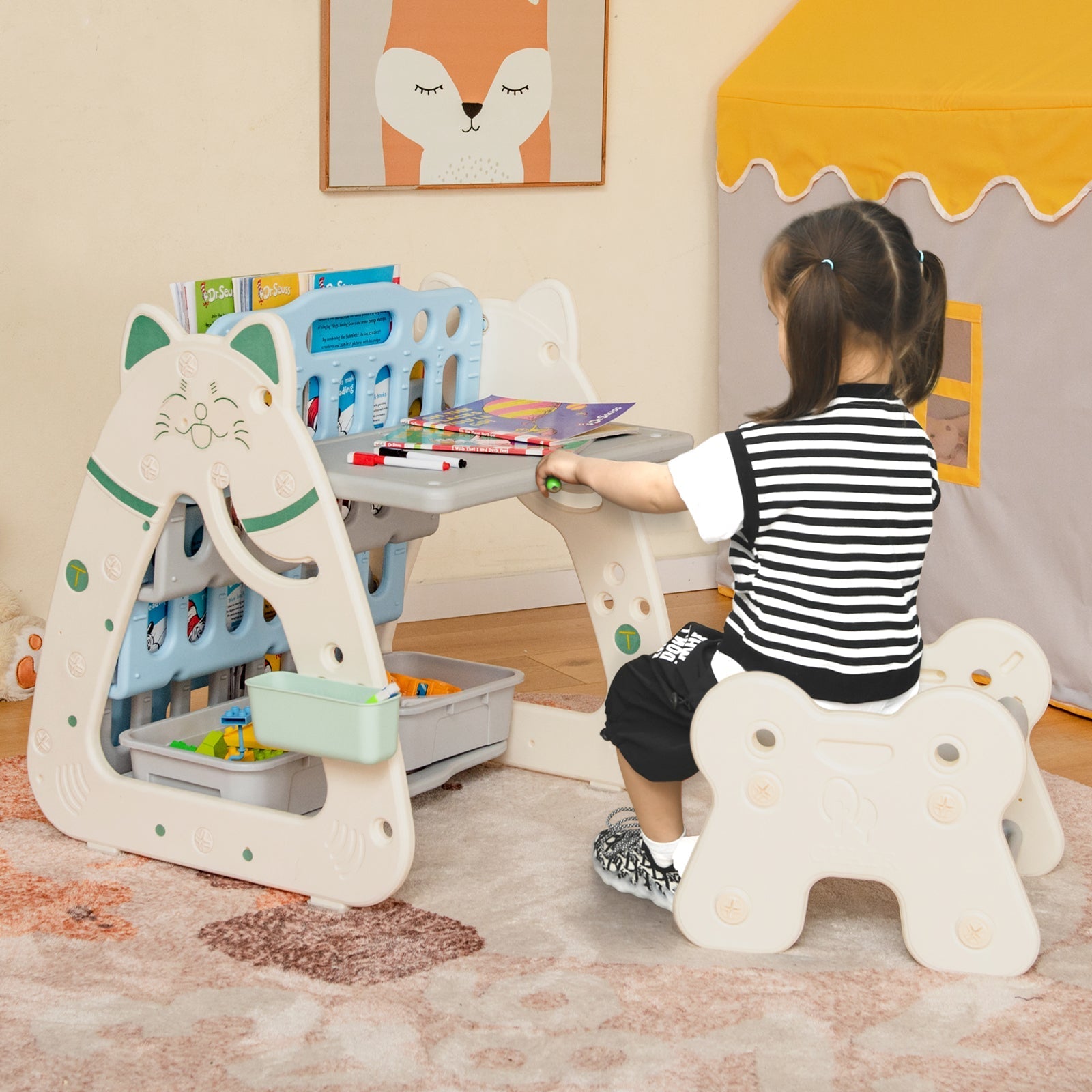 3-In-1 Double Sided Magnetic Dry-Erase Board with Stool and Flipped Writing Desktop