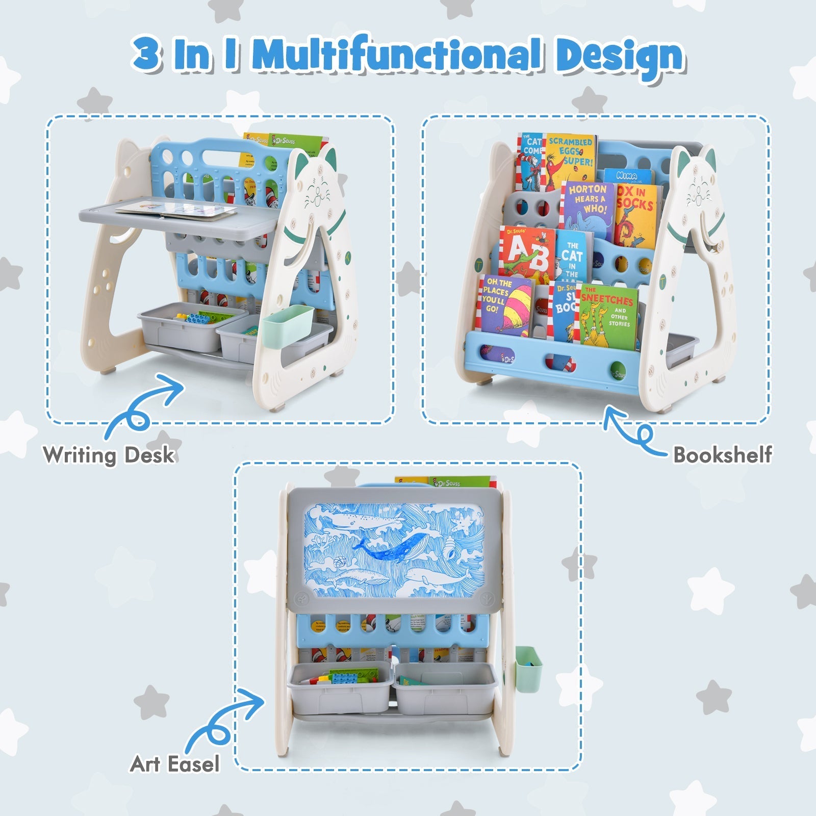 3-In-1 Double Sided Magnetic Dry-Erase Board with Stool and Flipped Writing Desktop