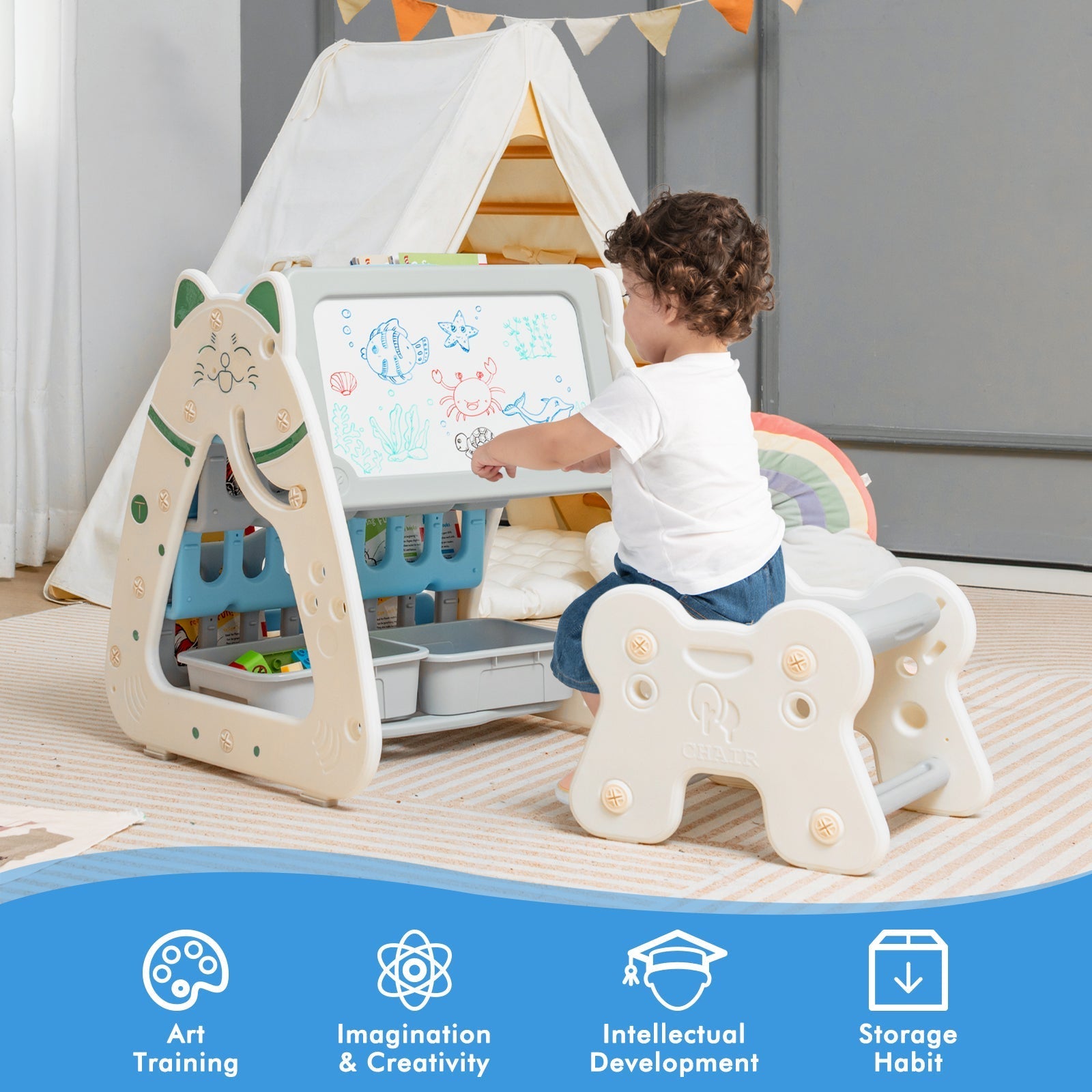 3-In-1 Double Sided Magnetic Dry-Erase Board with Stool and Flipped Writing Desktop
