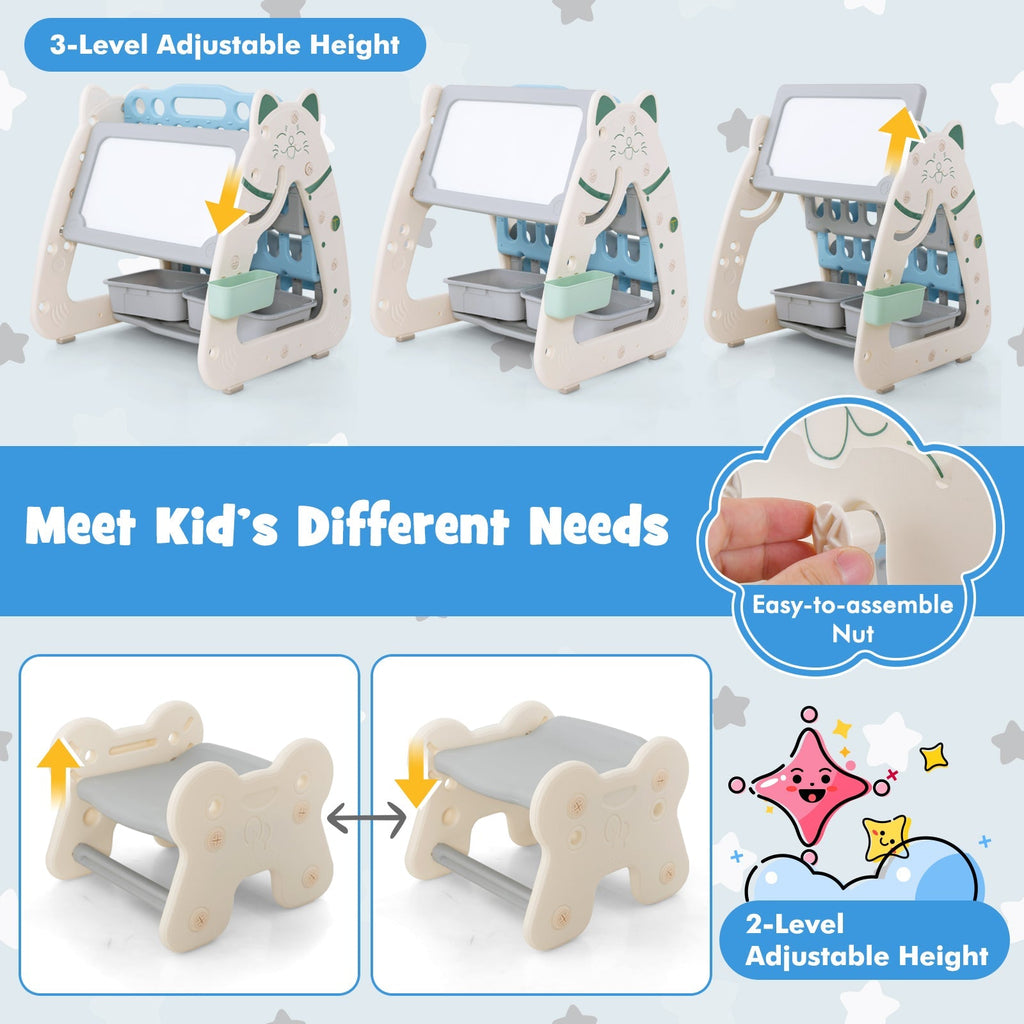 3-In-1 Double Sided Magnetic Dry-Erase Board with Stool and Flipped Writing Desktop