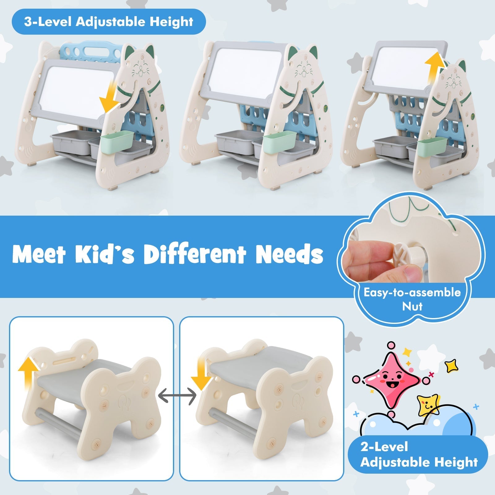 3-In-1 Double Sided Magnetic Dry-Erase Board with Stool and Flipped Writing Desktop