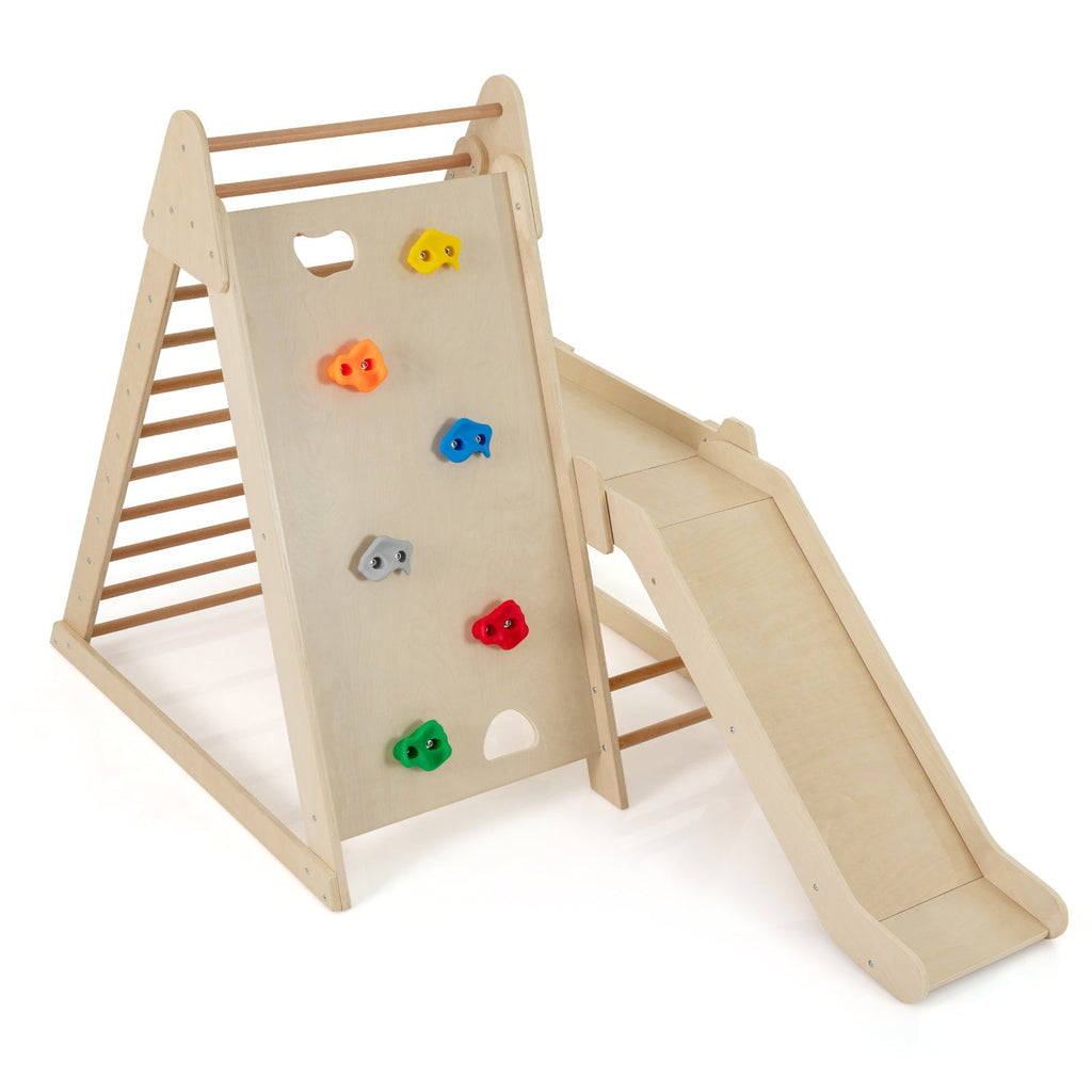 3-In 1 Jungle Gym Indoor Playground with Extended Slide for Toddlers-Natural