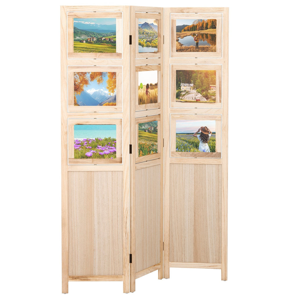 3 Panel Folding Privacy Screen with 9 Swivel Paulownia Wood Photo Frames-Natural
