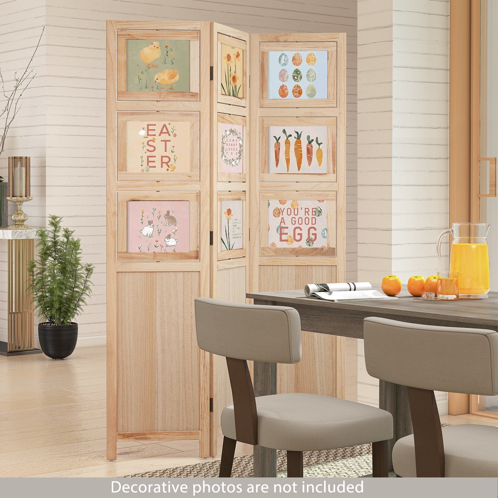 3 Panel Folding Privacy Screen with 9 Swivel Paulownia Wood Photo Frames-Natural