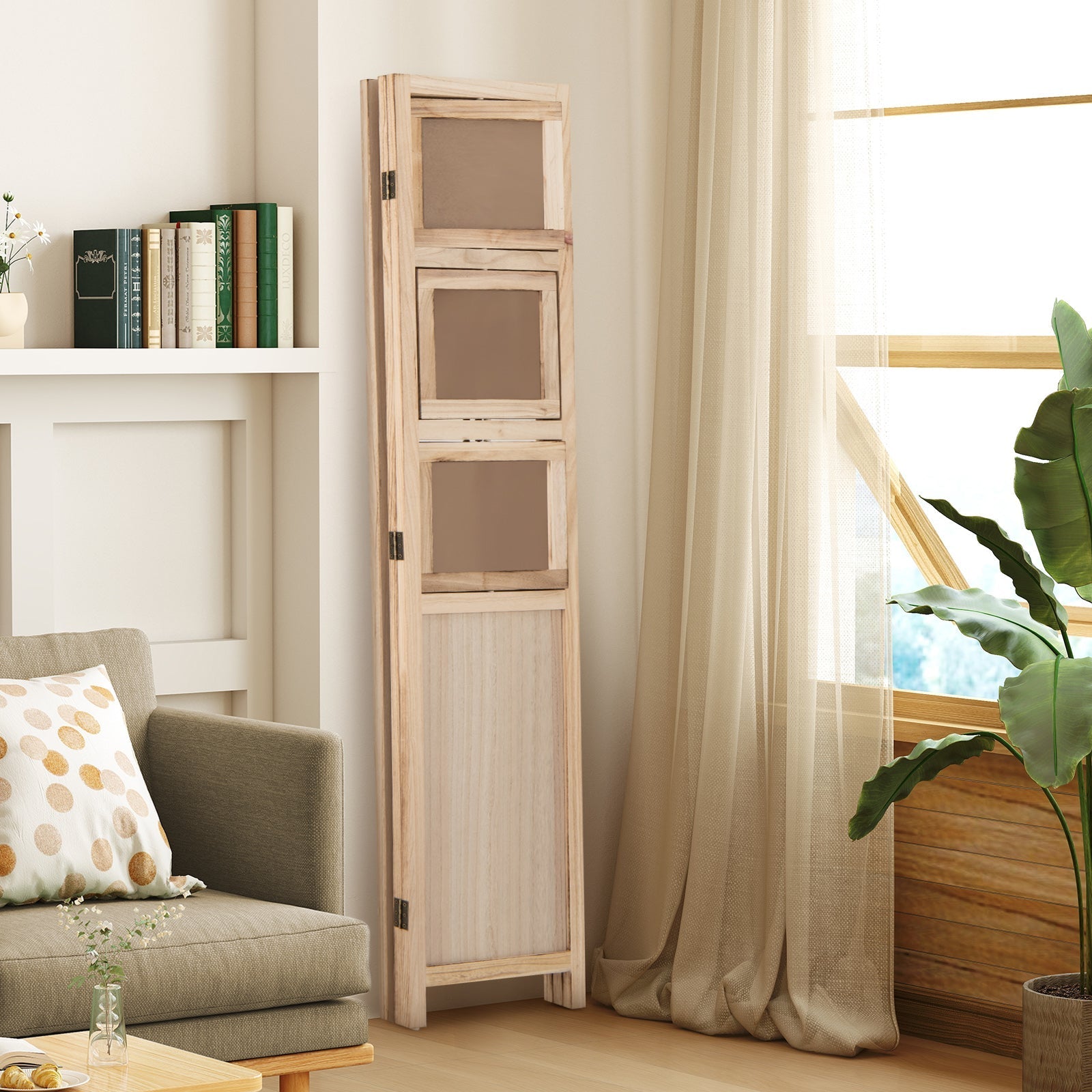 3 Panel Folding Privacy Screen with 9 Swivel Paulownia Wood Photo Frames-Natural