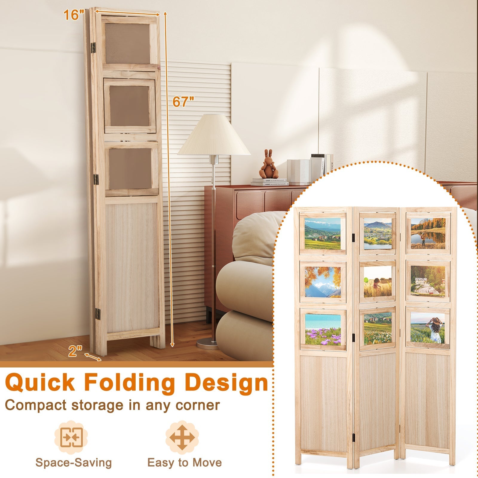 3 Panel Folding Privacy Screen with 9 Swivel Paulownia Wood Photo Frames-Natural