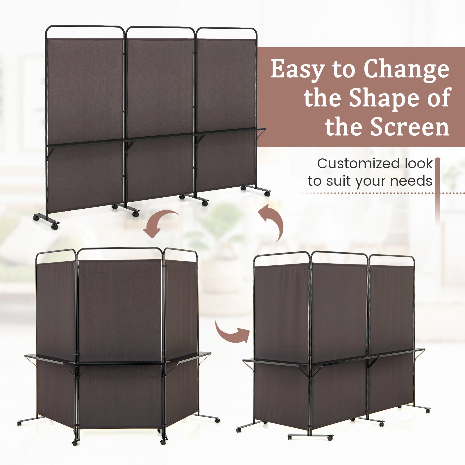 3-Panel Folding Room Divider with 3 Metal Shelves and Lockable Wheels