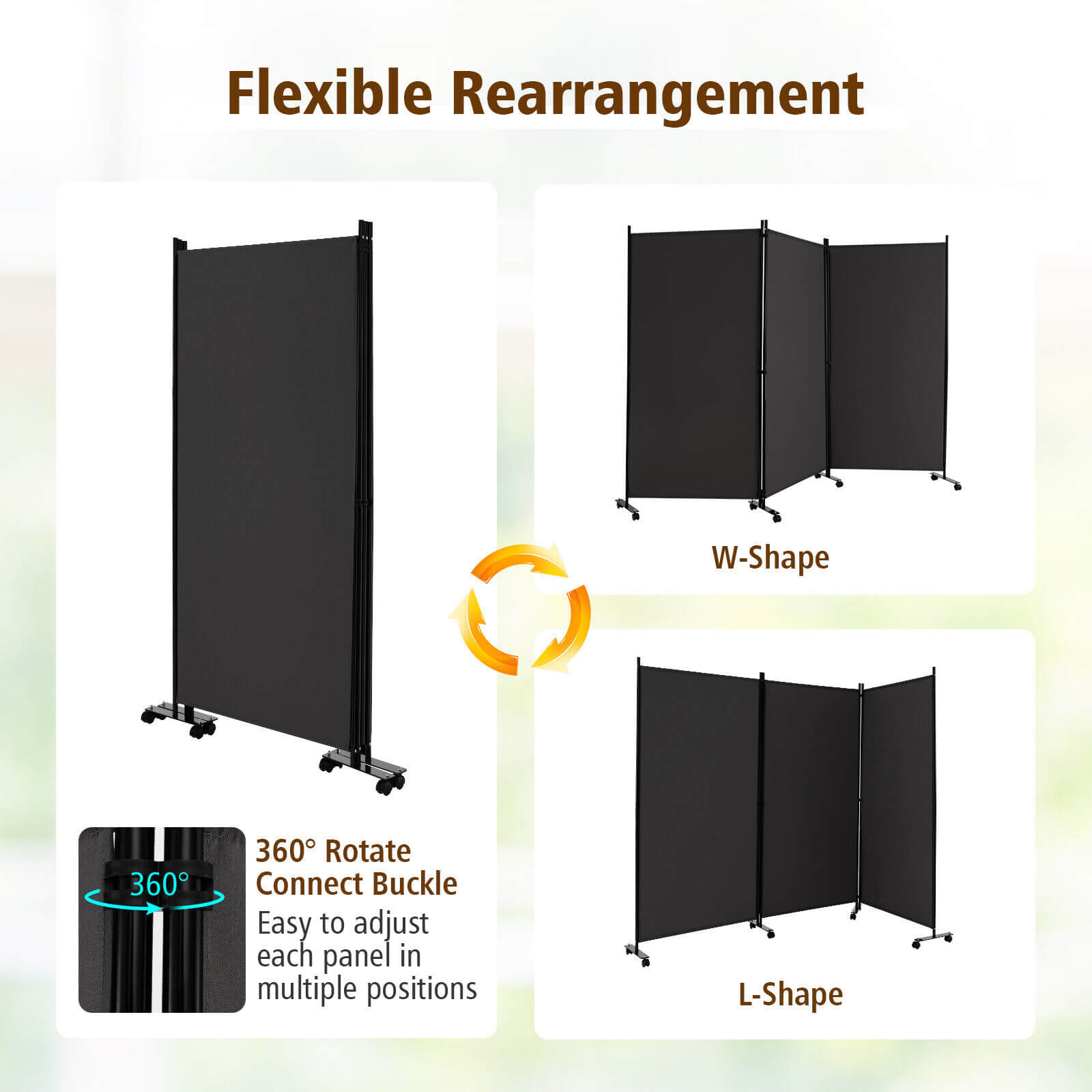 3 Panel Folding Room Divider with Lockable Wheels