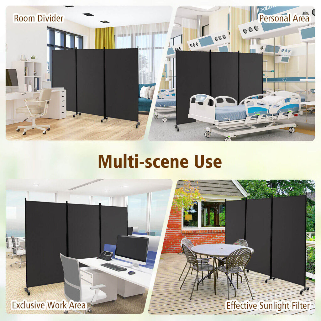 3 Panel Folding Room Divider with Lockable Wheels