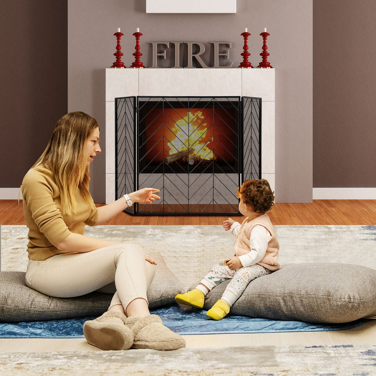 3-Panel Metal Foldable Fireplace Screen with Metal Mesh