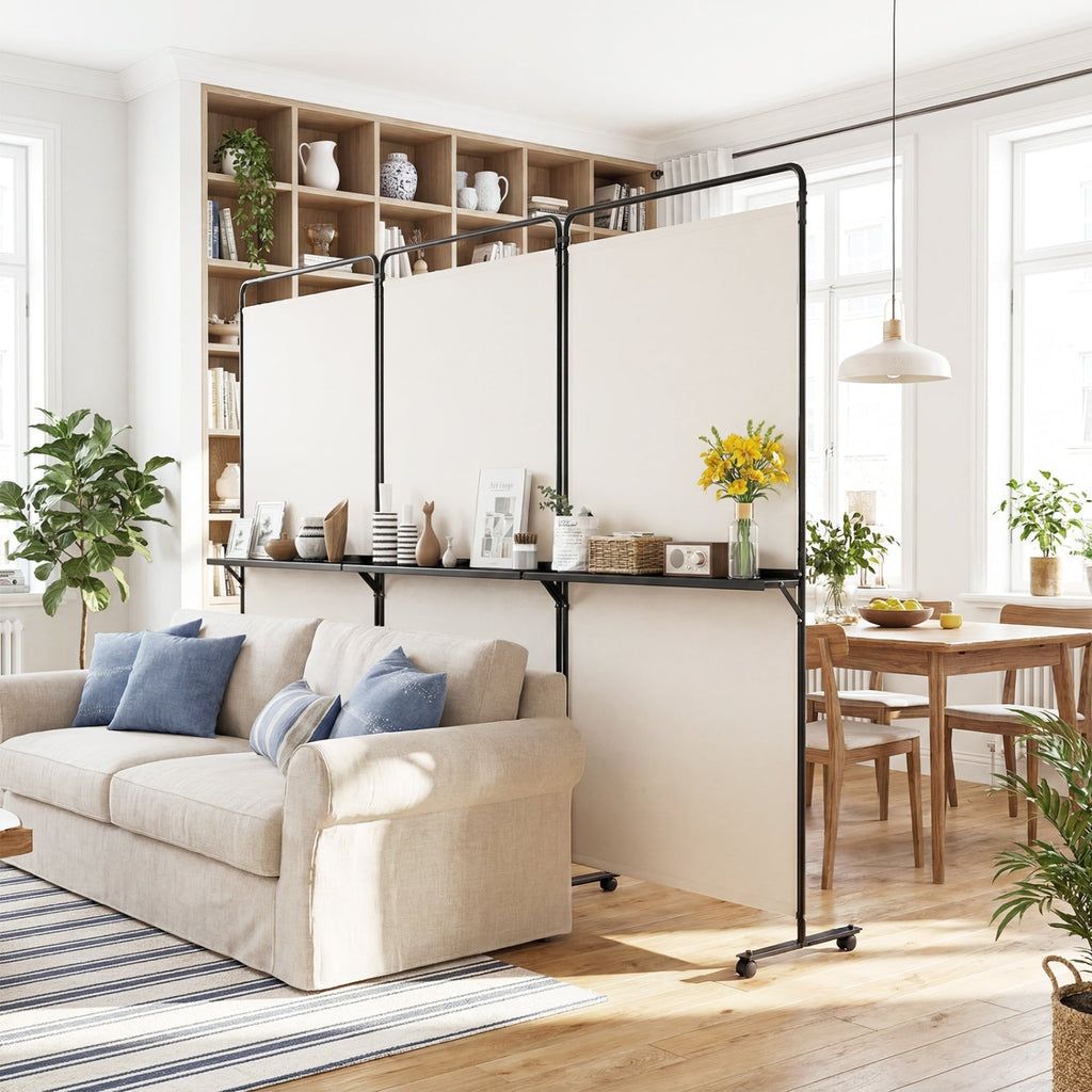 3-Panel Room Divider with Shelves 6 FT Tall Folding Privacy Screen with Lockable Wheels