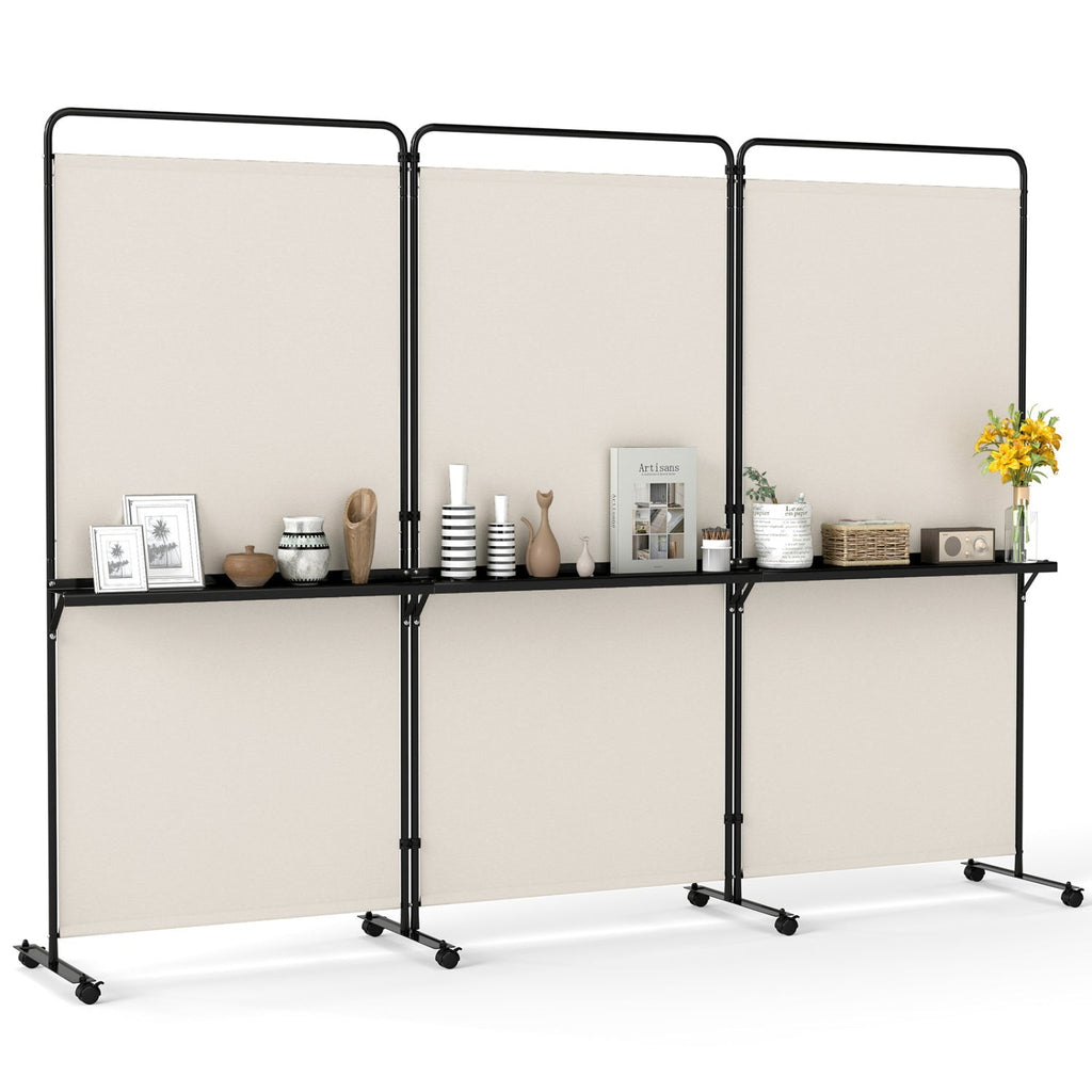 3-Panel Room Divider with Shelves 6 FT Tall Folding Privacy Screen with Lockable Wheels