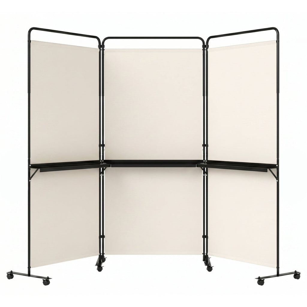 3-Panel Room Divider with Shelves 6 FT Tall Folding Privacy Screen with Lockable Wheels