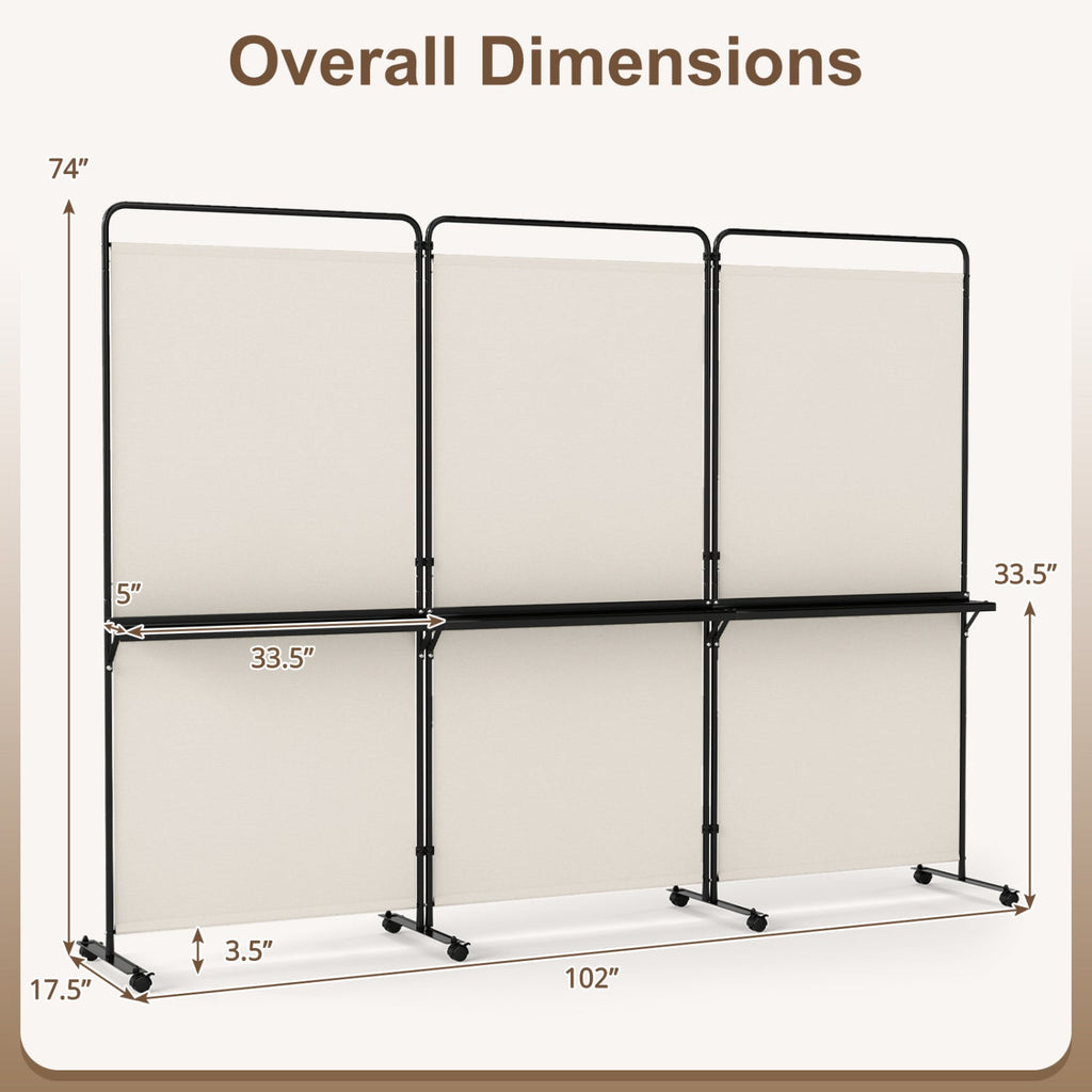 3-Panel Room Divider with Shelves 6 FT Tall Folding Privacy Screen with Lockable Wheels