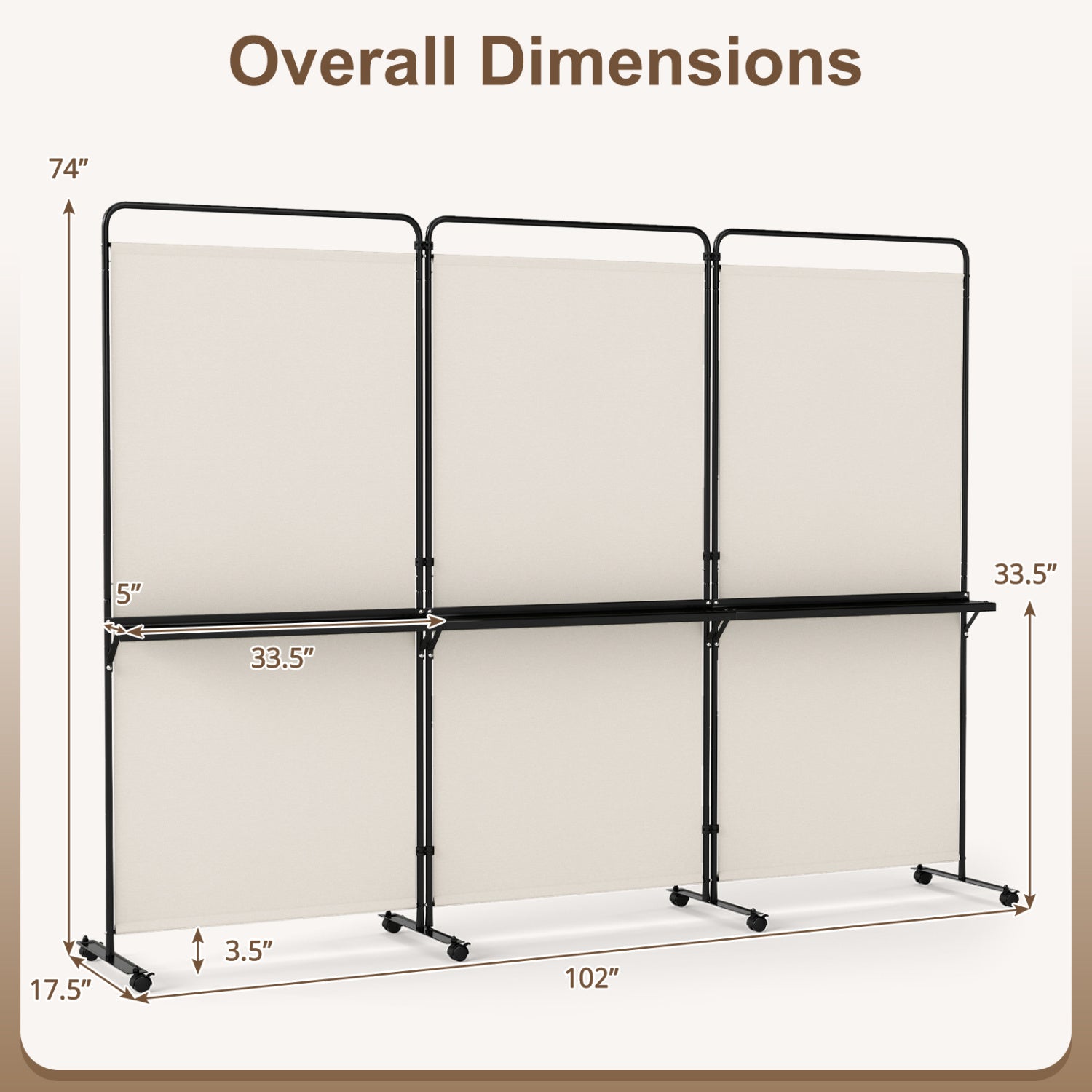 3-Panel Room Divider with Shelves 6 FT Tall Folding Privacy Screen with Lockable Wheels
