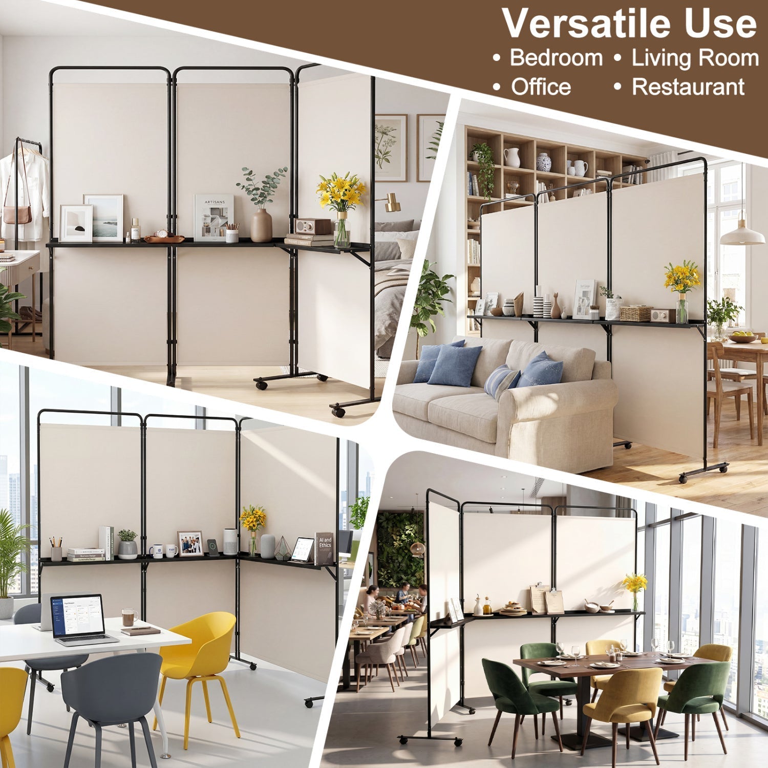 3-Panel Room Divider with Shelves 6 FT Tall Folding Privacy Screen with Lockable Wheels
