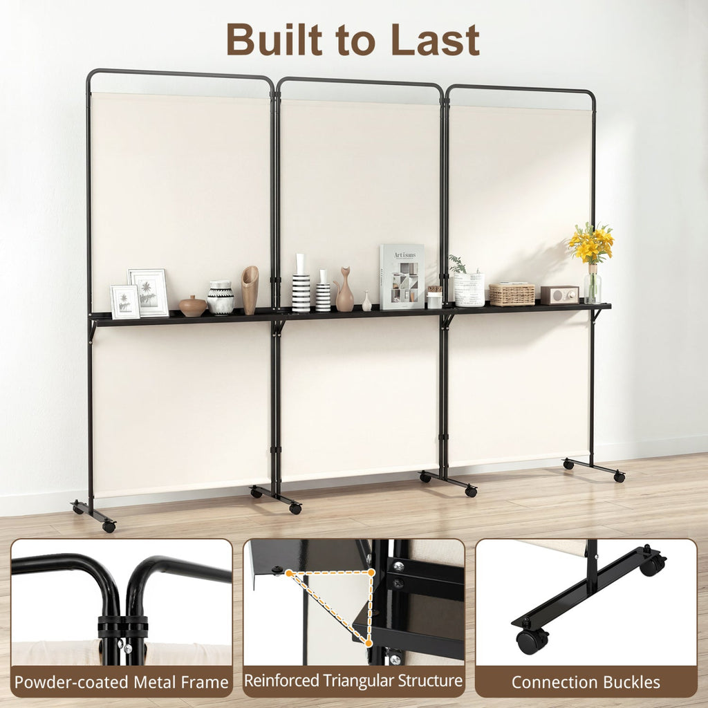 3-Panel Room Divider with Shelves 6 FT Tall Folding Privacy Screen with Lockable Wheels