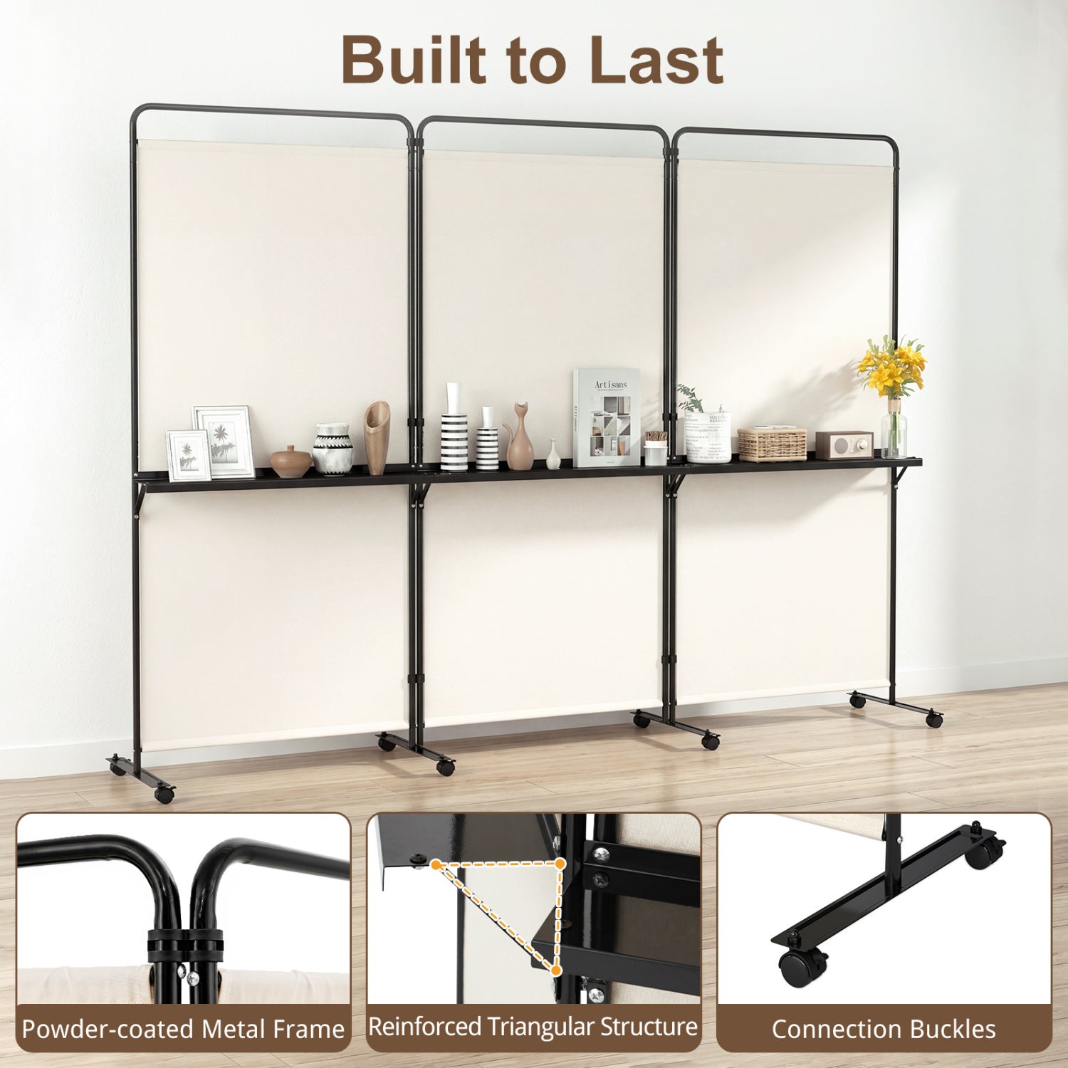 3-Panel Room Divider with Shelves 6 FT Tall Folding Privacy Screen with Lockable Wheels