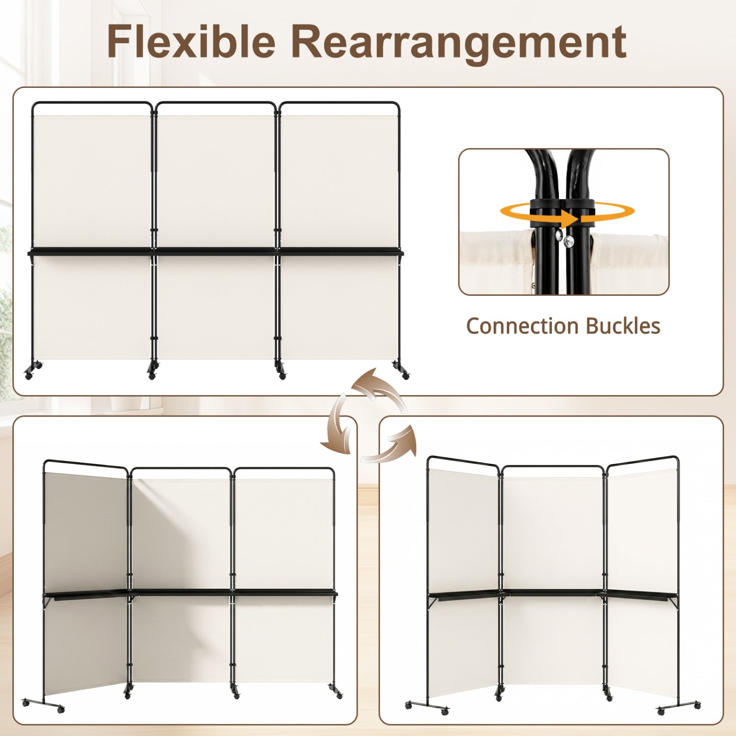 3-Panel Room Divider with Shelves 6 FT Tall Folding Privacy Screen with Lockable Wheels