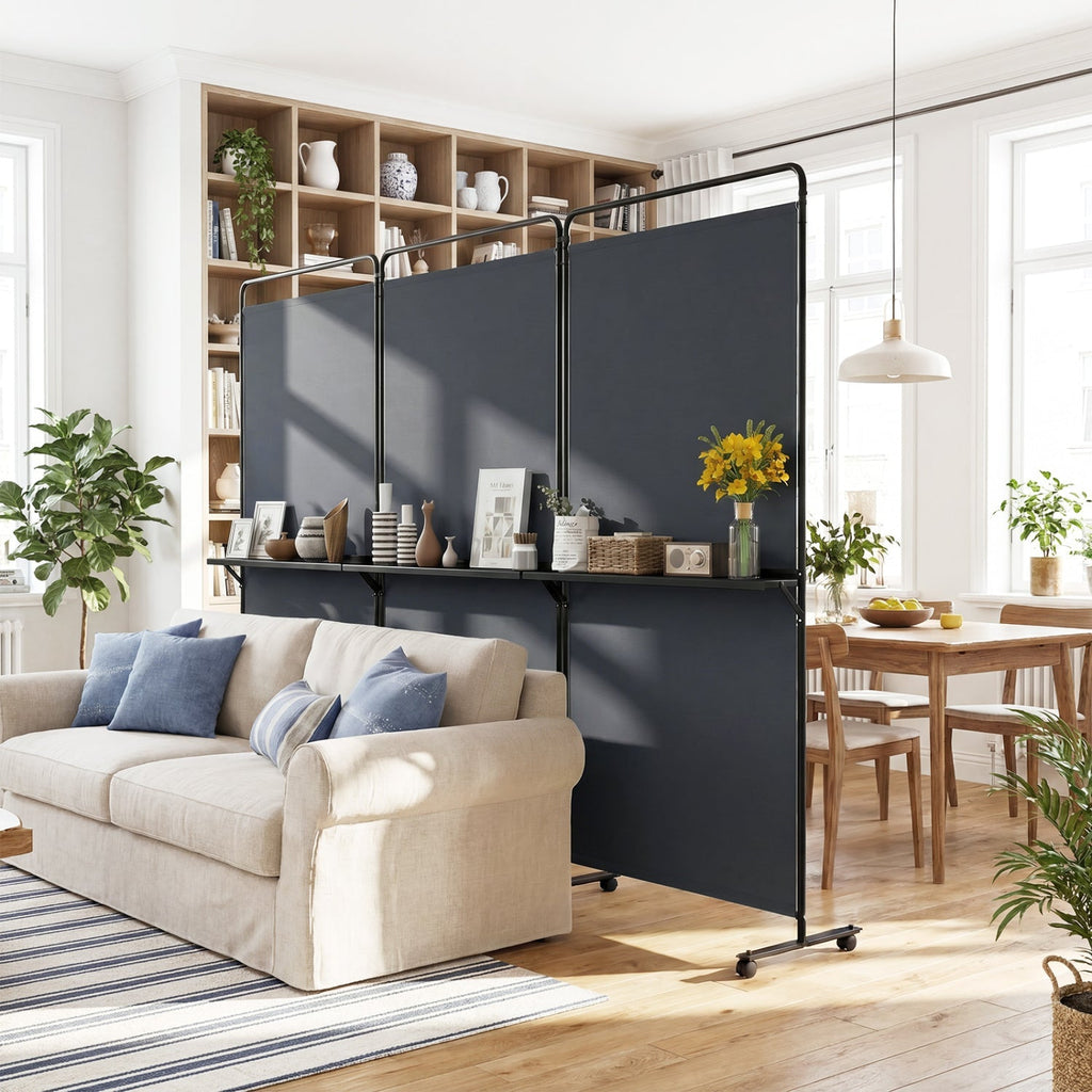 3-Panel Room Divider with Shelves 6 FT Tall Folding Privacy Screen with Lockable Wheels