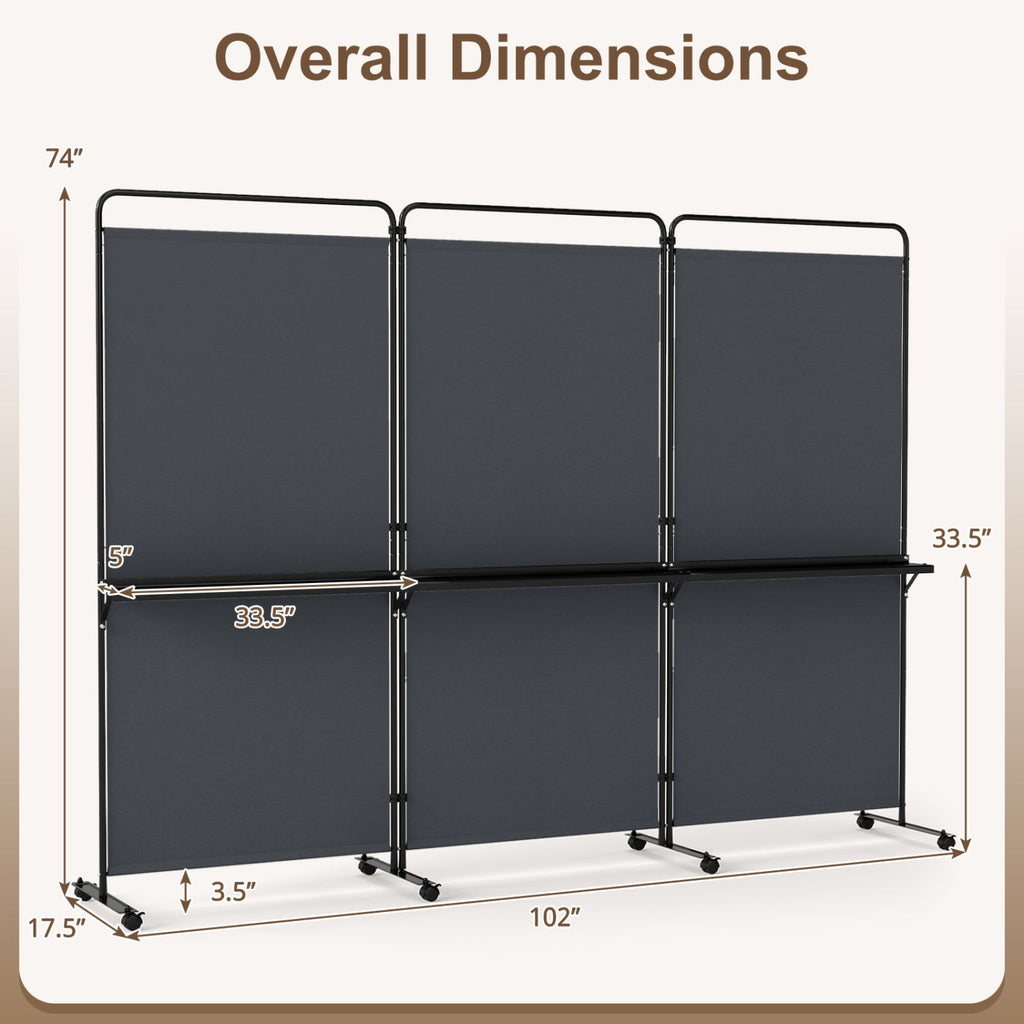3-Panel Room Divider with Shelves 6 FT Tall Folding Privacy Screen with Lockable Wheels