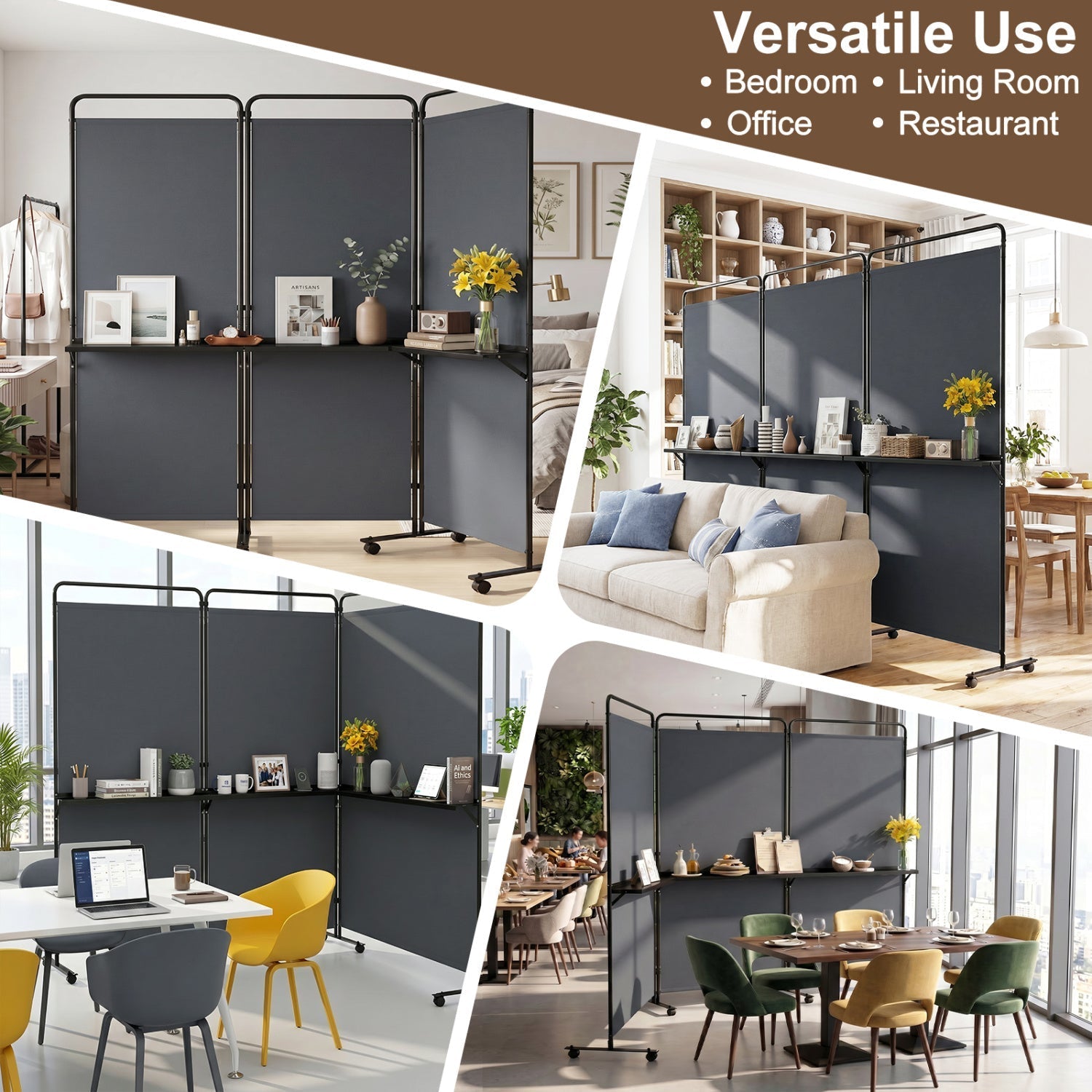 3-Panel Room Divider with Shelves 6 FT Tall Folding Privacy Screen with Lockable Wheels