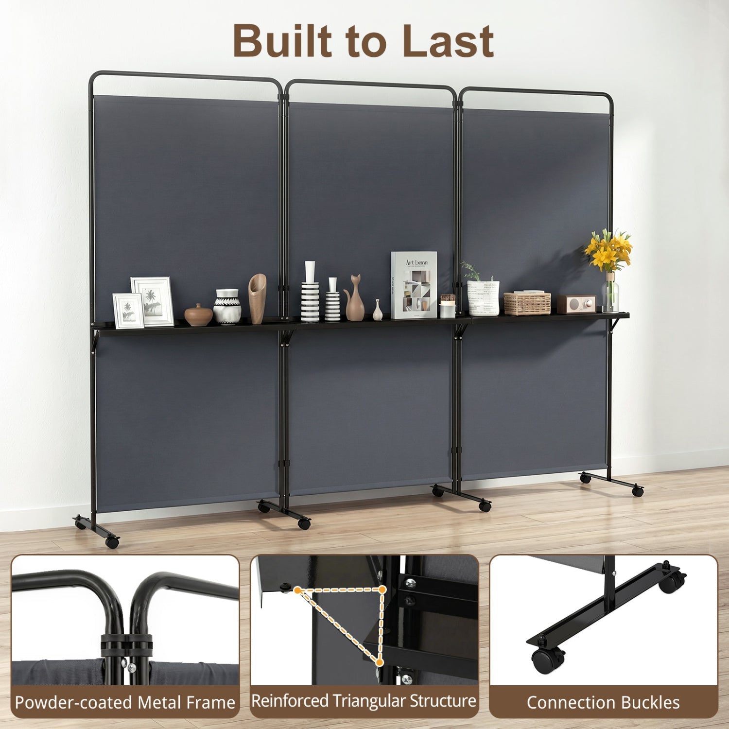 3-Panel Room Divider with Shelves 6 FT Tall Folding Privacy Screen with Lockable Wheels