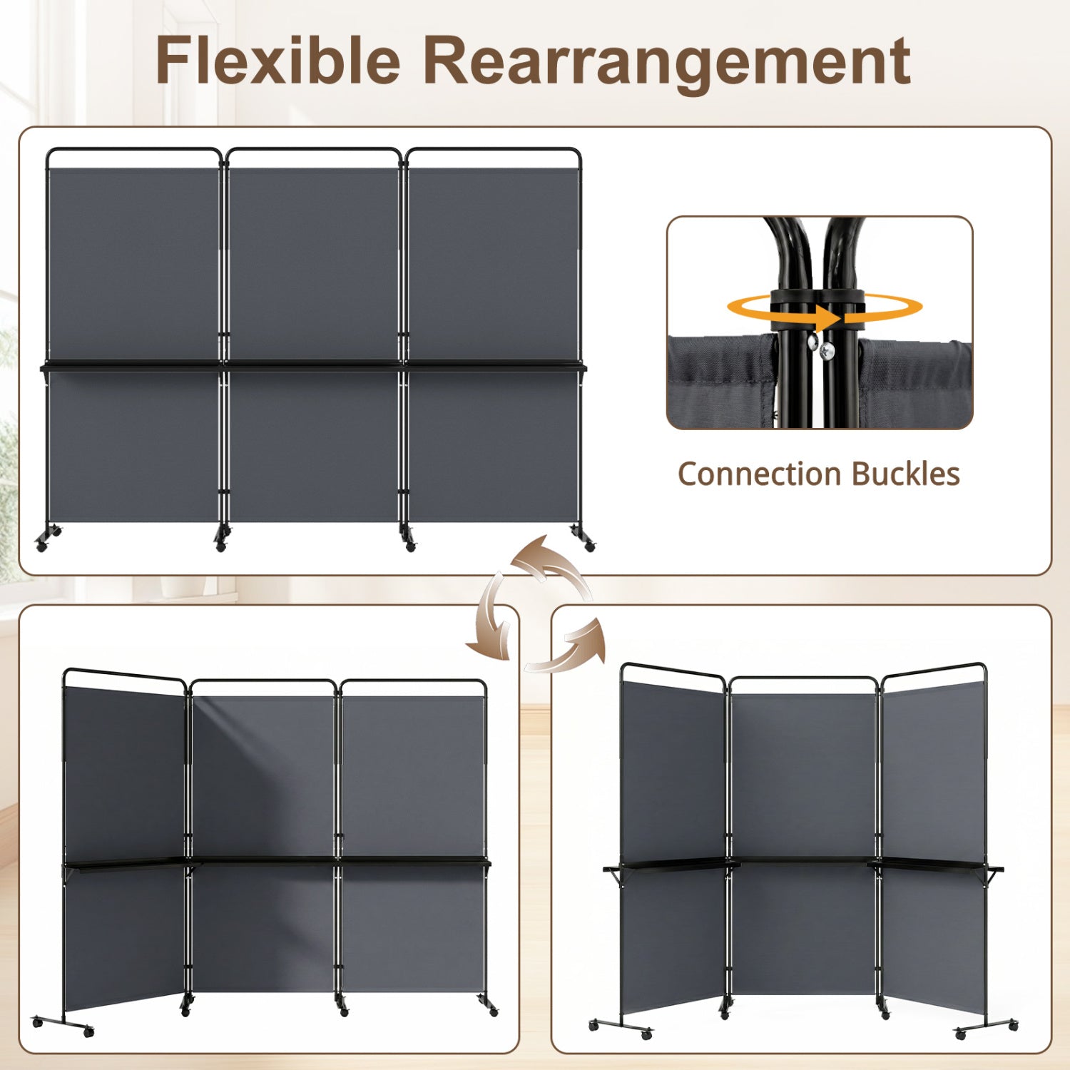 3-Panel Room Divider with Shelves 6 FT Tall Folding Privacy Screen with Lockable Wheels