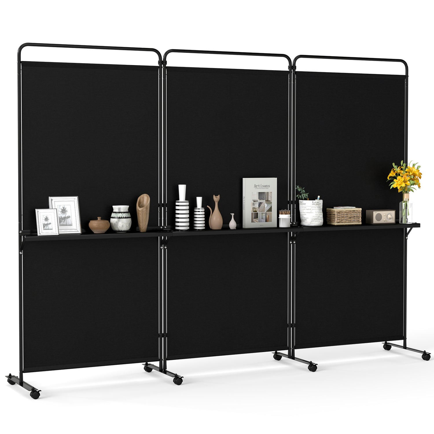 3-Panel Room Divider with Shelves 6 FT Tall Folding Privacy Screen with Lockable Wheels
