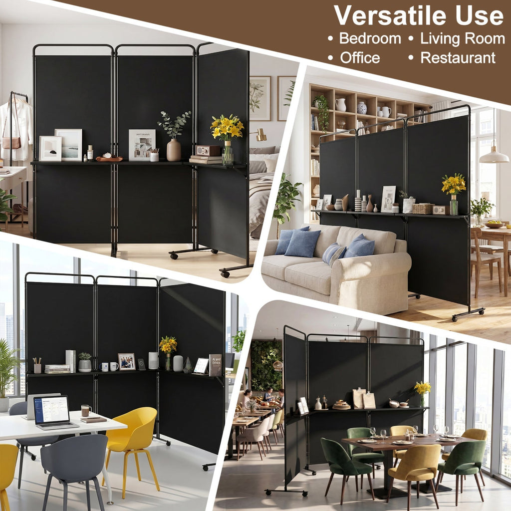 3-Panel Room Divider with Shelves 6 FT Tall Folding Privacy Screen with Lockable Wheels