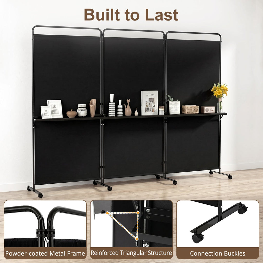 3-Panel Room Divider with Shelves 6 FT Tall Folding Privacy Screen with Lockable Wheels