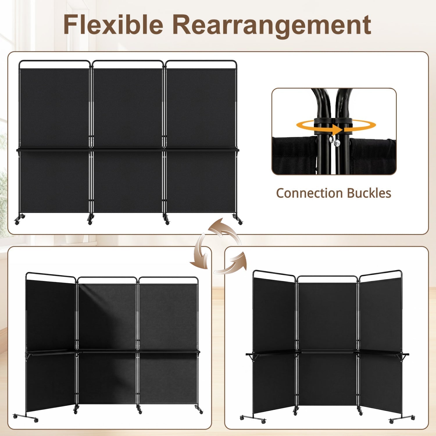 3-Panel Room Divider with Shelves 6 FT Tall Folding Privacy Screen with Lockable Wheels