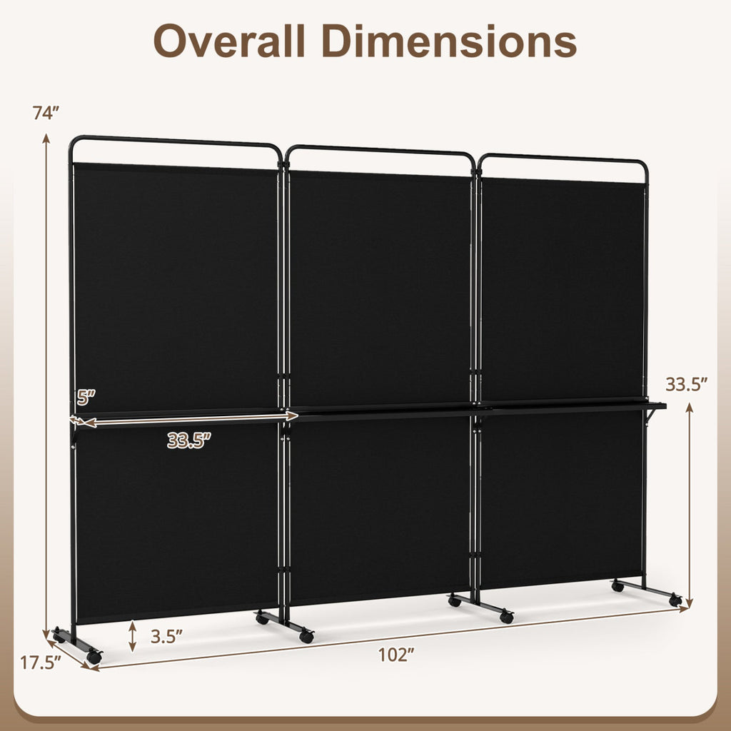 3-Panel Room Divider with Shelves 6 FT Tall Folding Privacy Screen with Lockable Wheels
