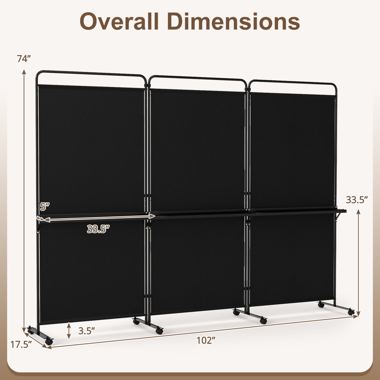 3-Panel Room Divider with Shelves 6 FT Tall Folding Privacy Screen with Lockable Wheels