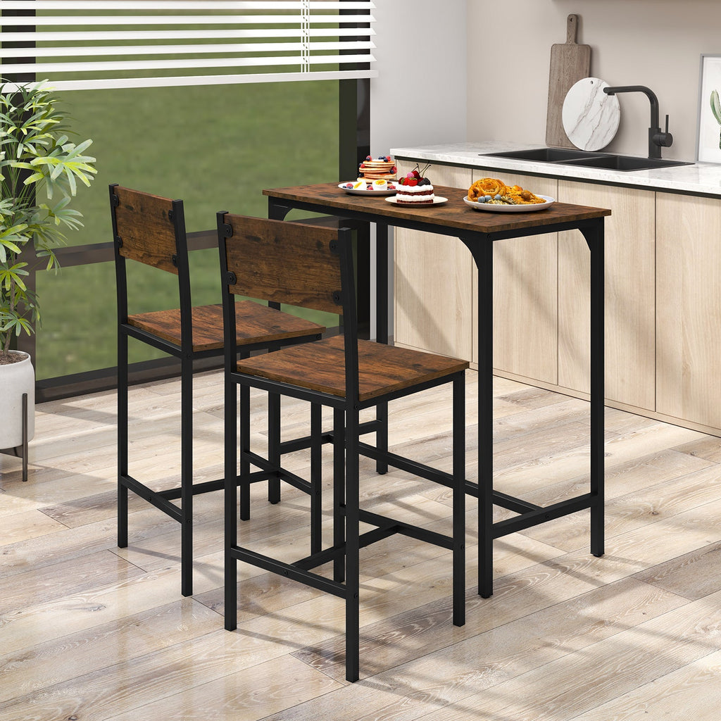 3 Piece Bar Table Set with Backrest and Footrest for Small Space