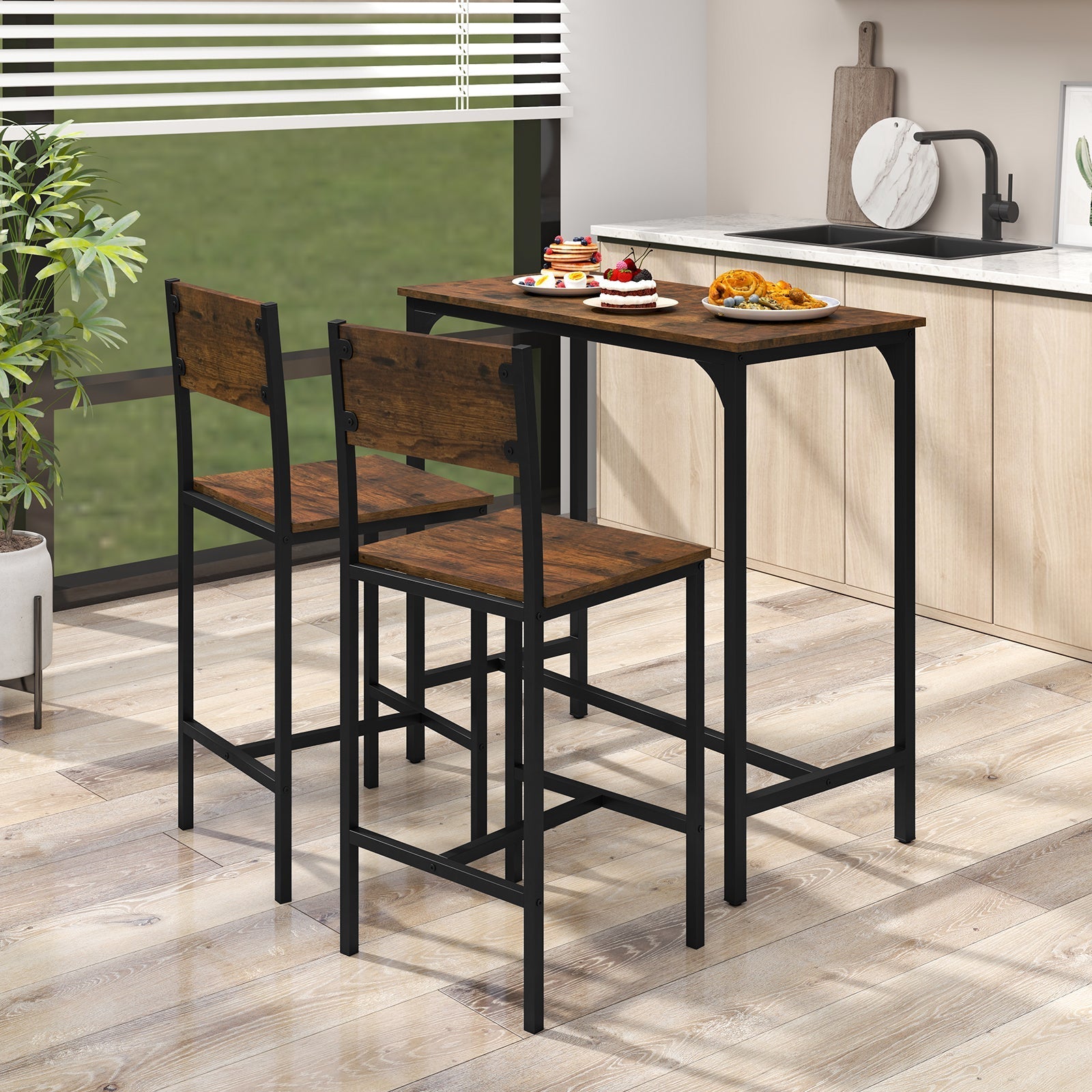 3 Piece Bar Table Set with Backrest and Footrest for Small Space