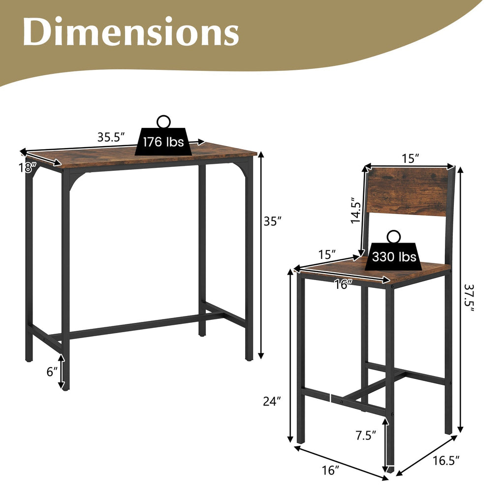 3 Piece Bar Table Set with Backrest and Footrest for Small Space