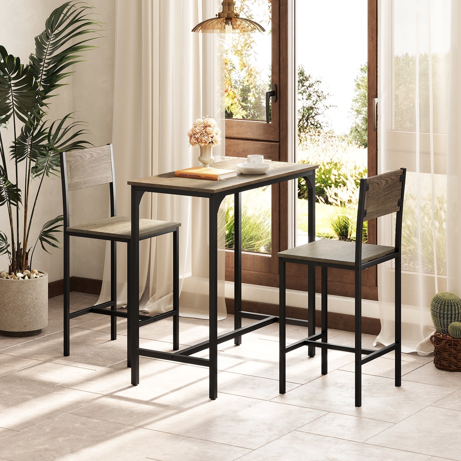 3 Piece Bar Table Set with Backrest and Footrest for Small Space