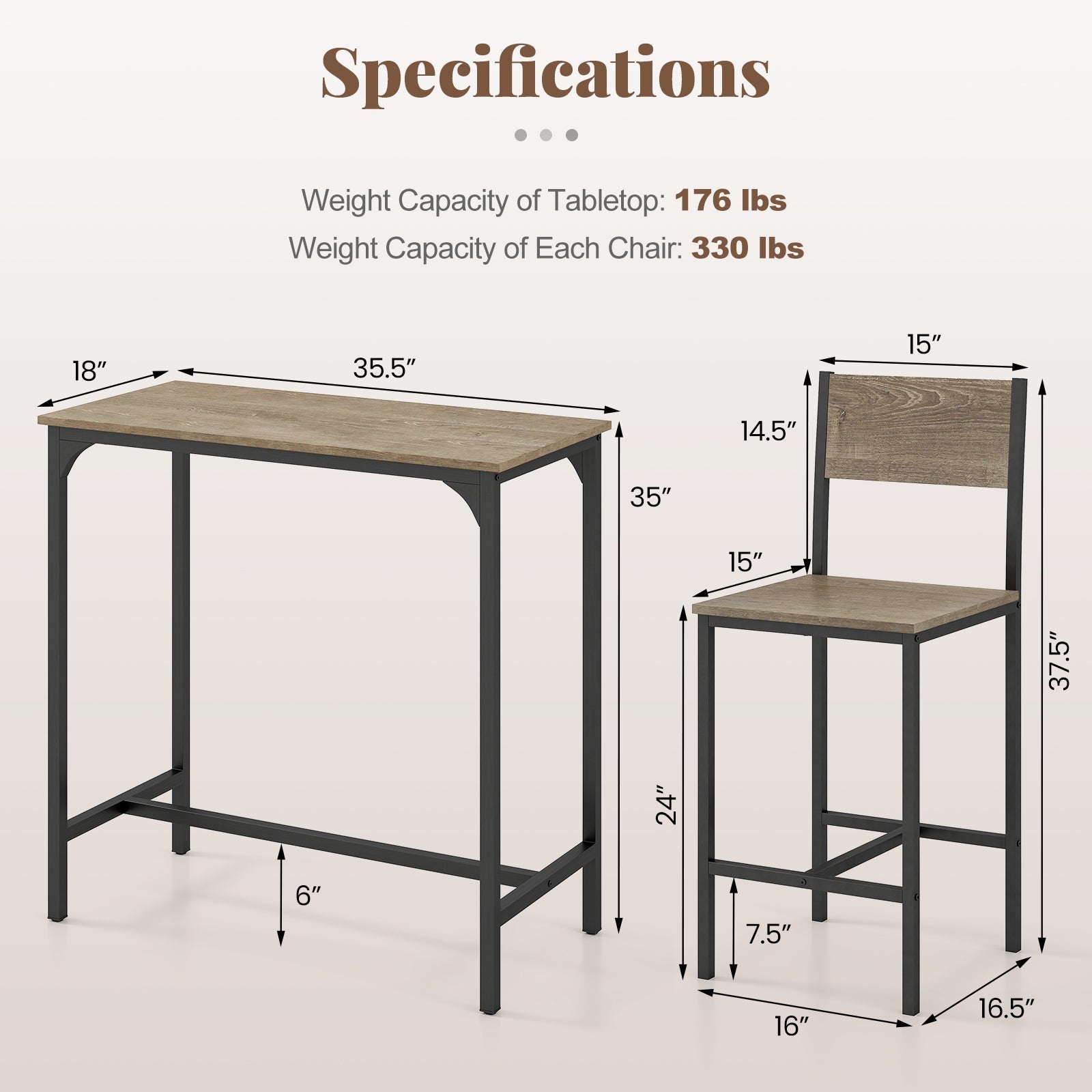 3 Piece Bar Table Set with Backrest and Footrest for Small Space