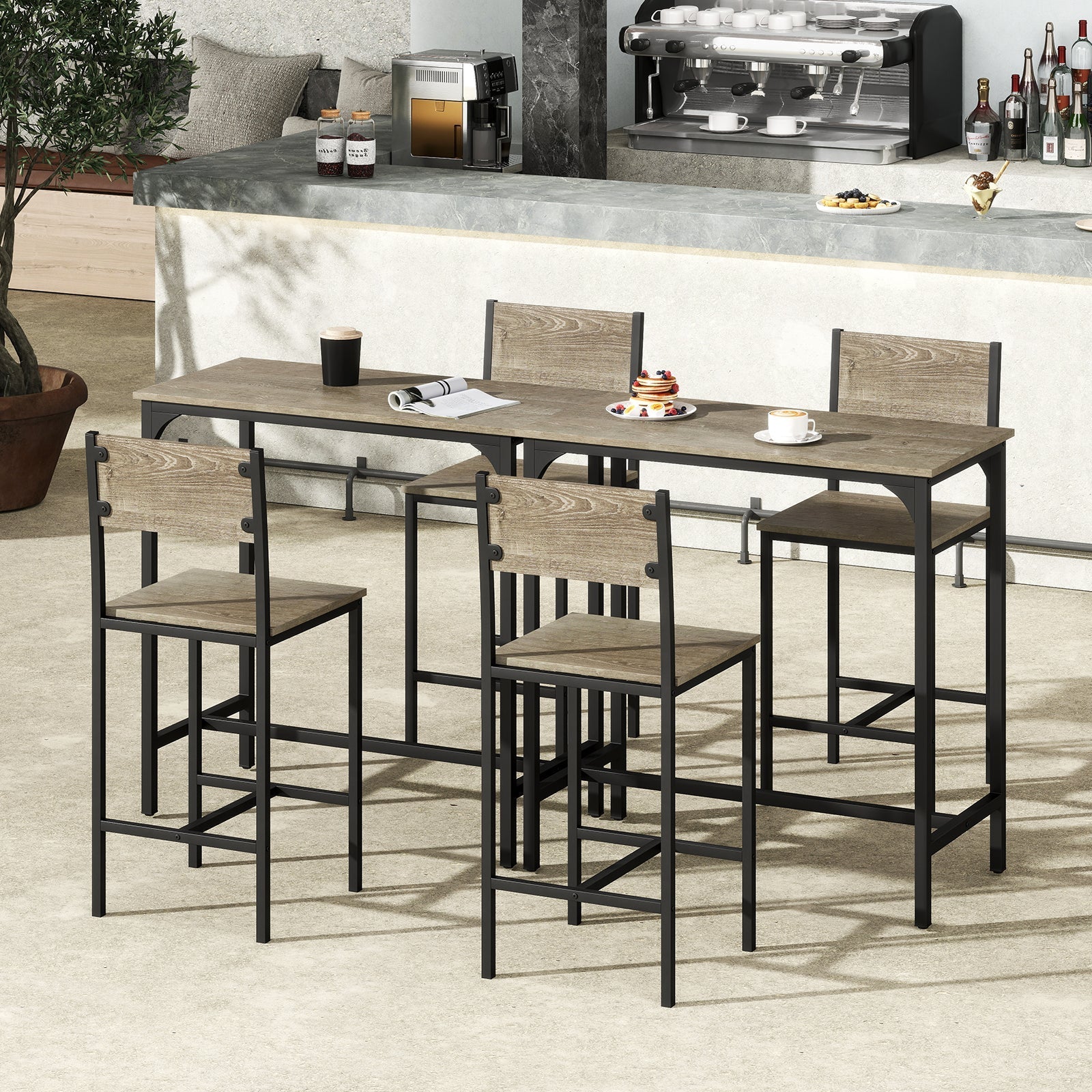 3 Piece Bar Table Set with Backrest and Footrest for Small Space