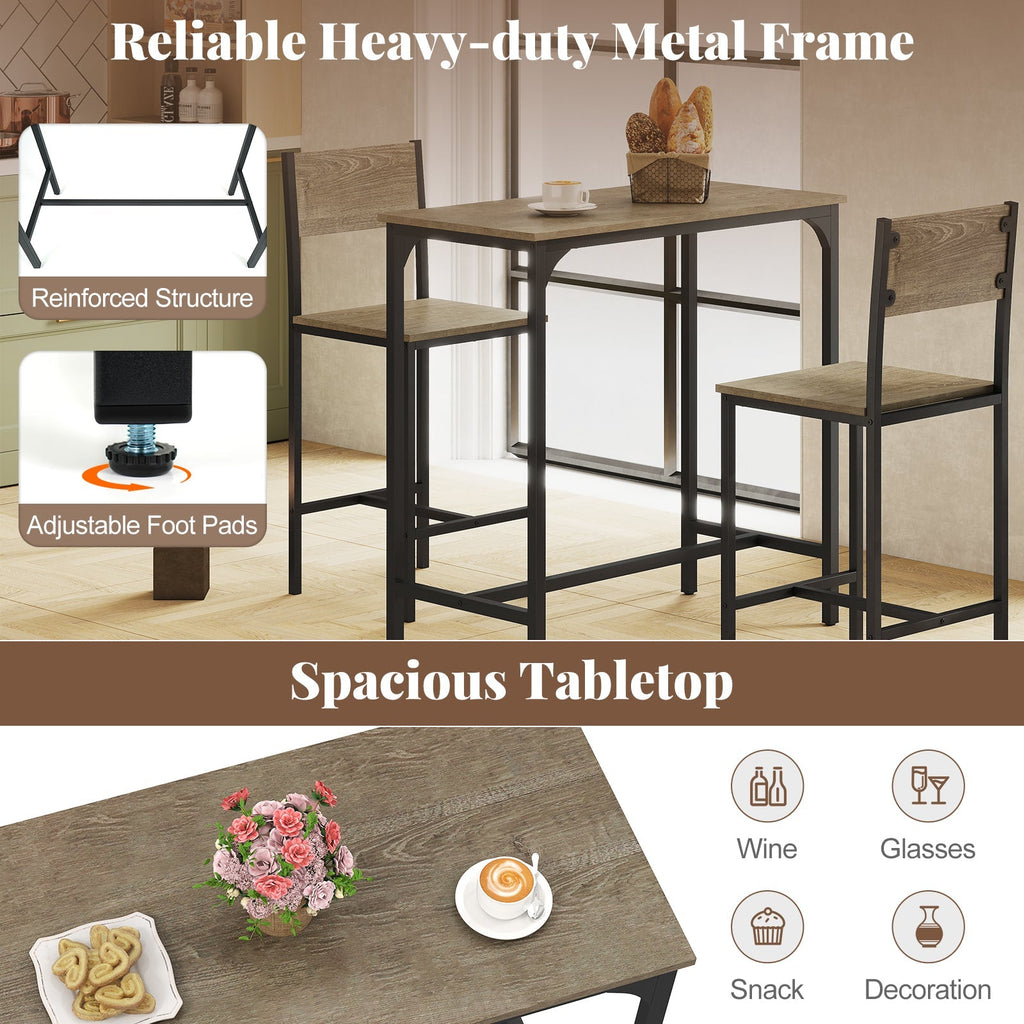 3 Piece Bar Table Set with Backrest and Footrest for Small Space