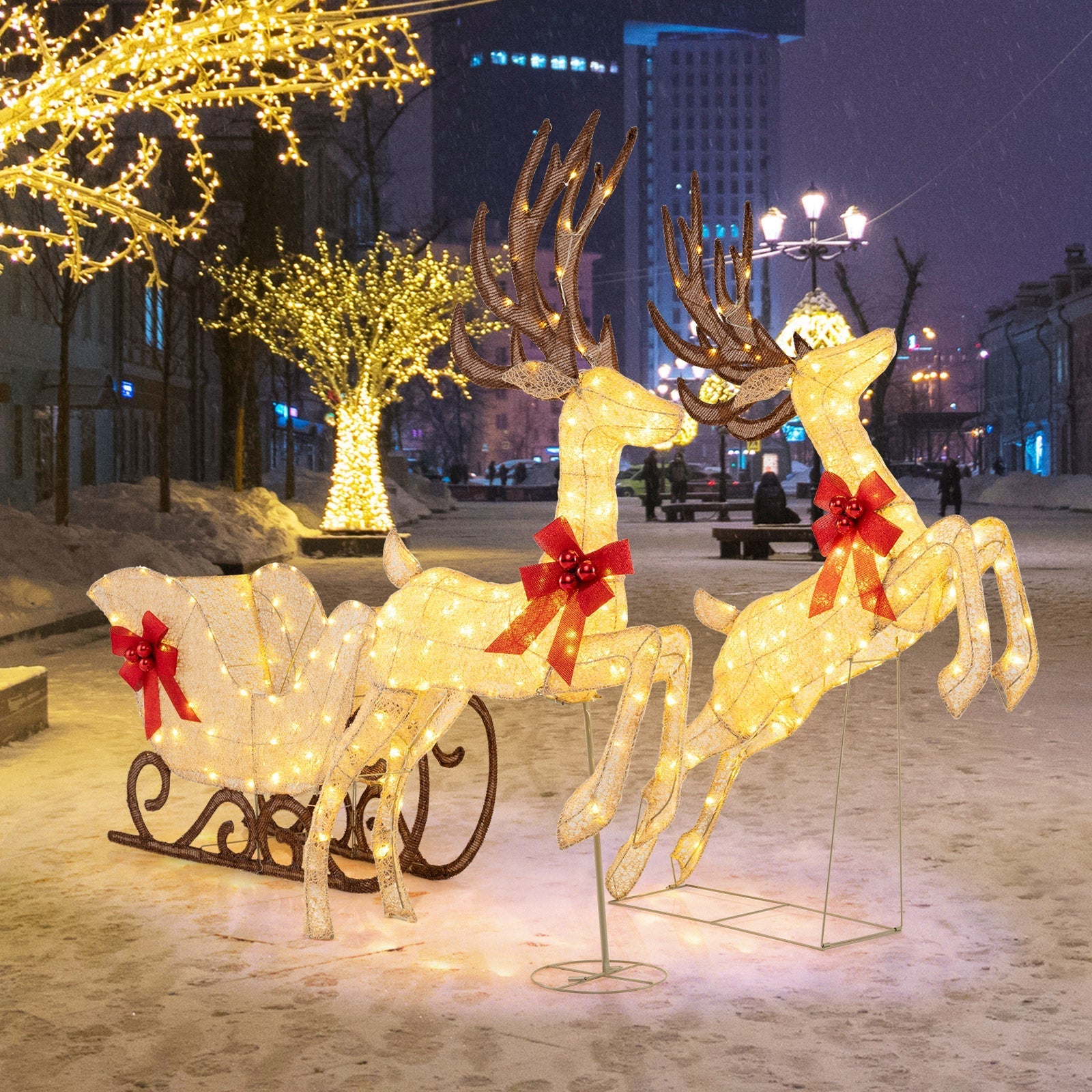 3-Piece Christmas Lighted Reindeer and Sleigh Set for Lawn & Garden
