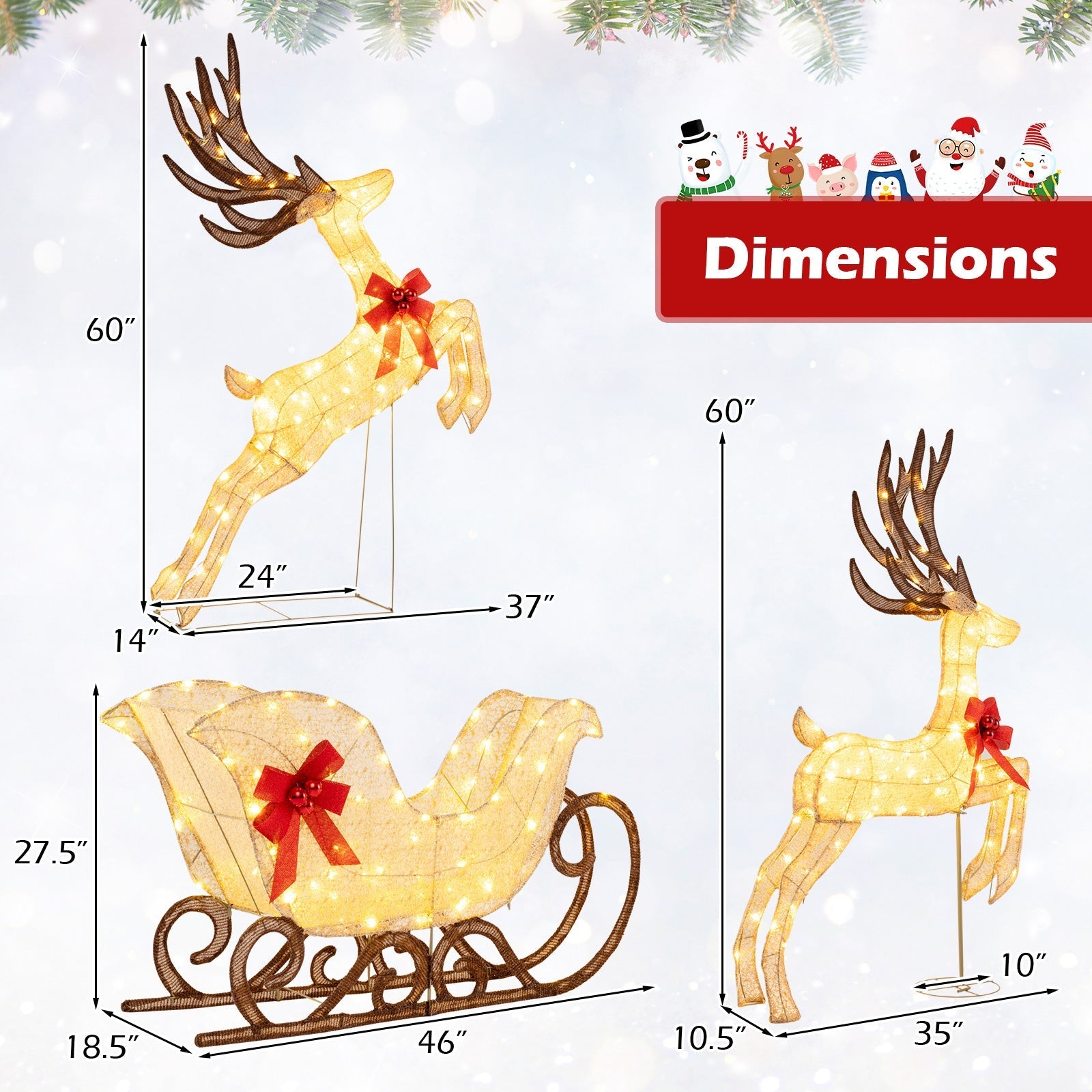 3-Piece Christmas Lighted Reindeer and Sleigh Set for Lawn & Garden