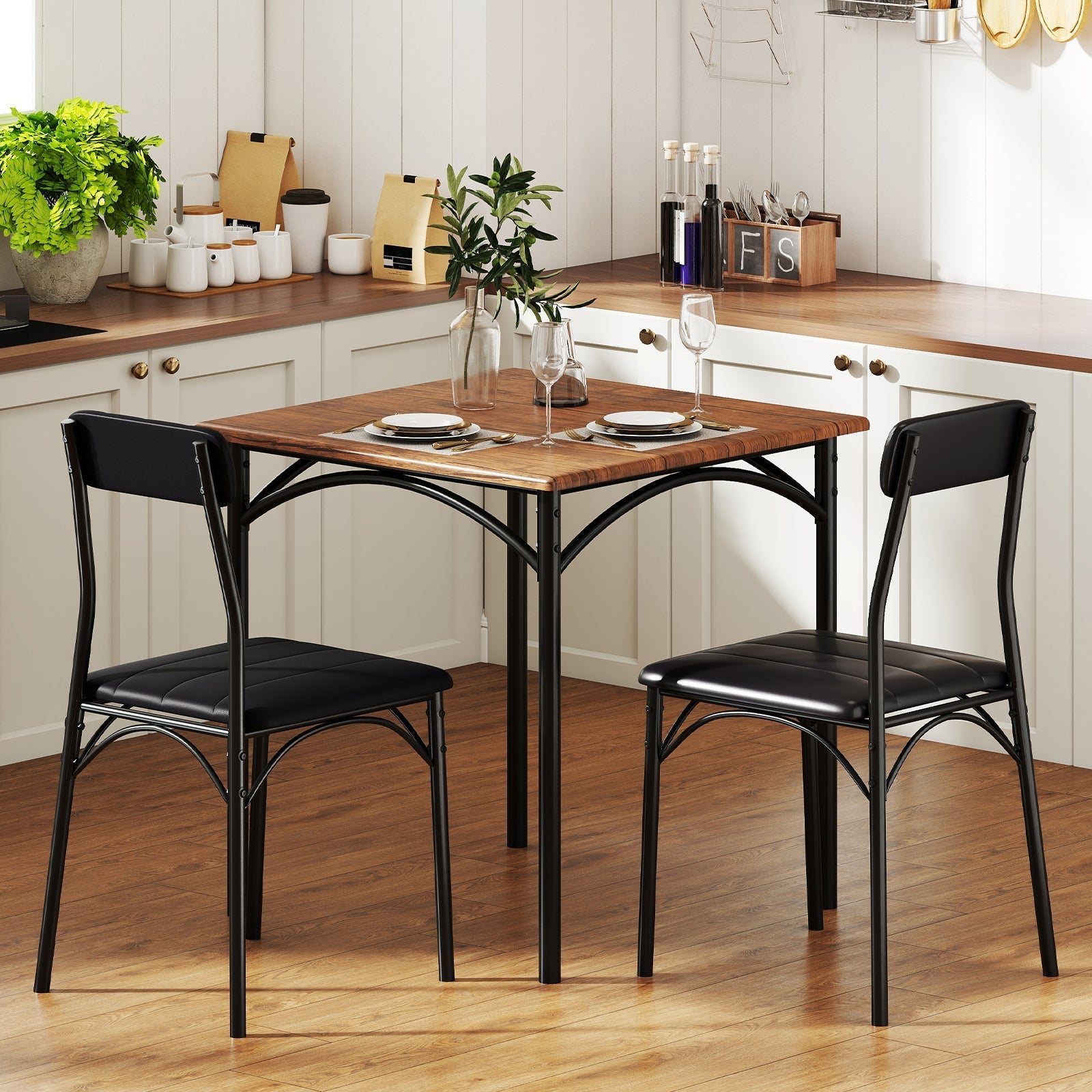 3-Piece Dining Table Set Square Kitchen Table and 2 Chairs for Dining Room-Rustic Brown