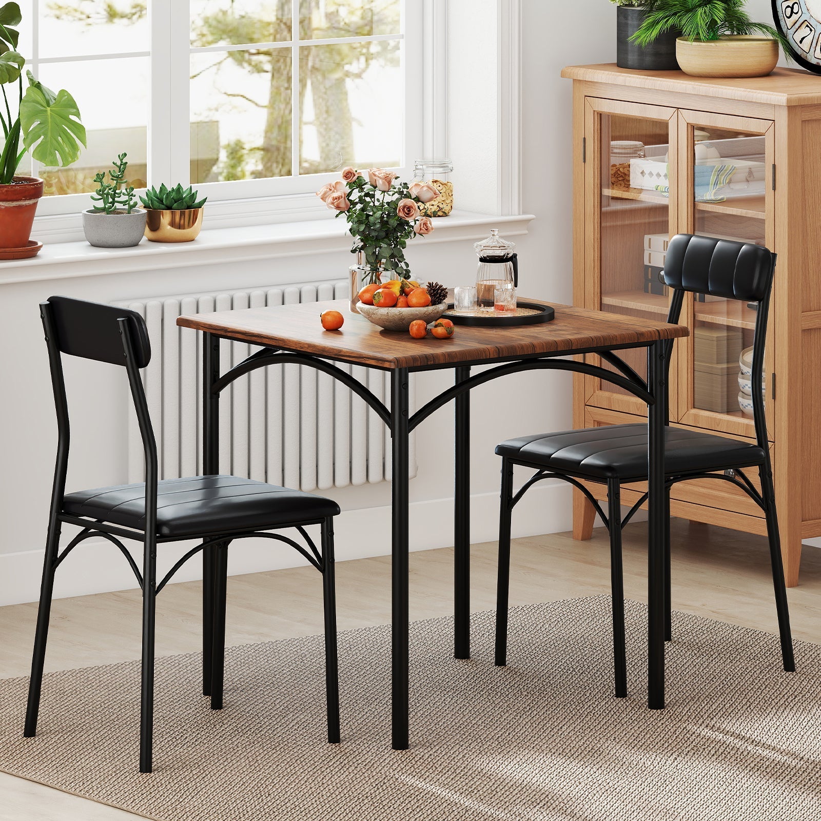 3-Piece Dining Table Set Square Kitchen Table and 2 Chairs for Dining Room-Rustic Brown